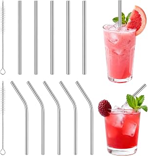JJUNW Stainless Steel Straws, 16pcs Reusable Metal Straws with 2pcs Cleaning Brush Straight Straw Bent Straw for Tumblers Cups Mugs Wine Cold Drinks