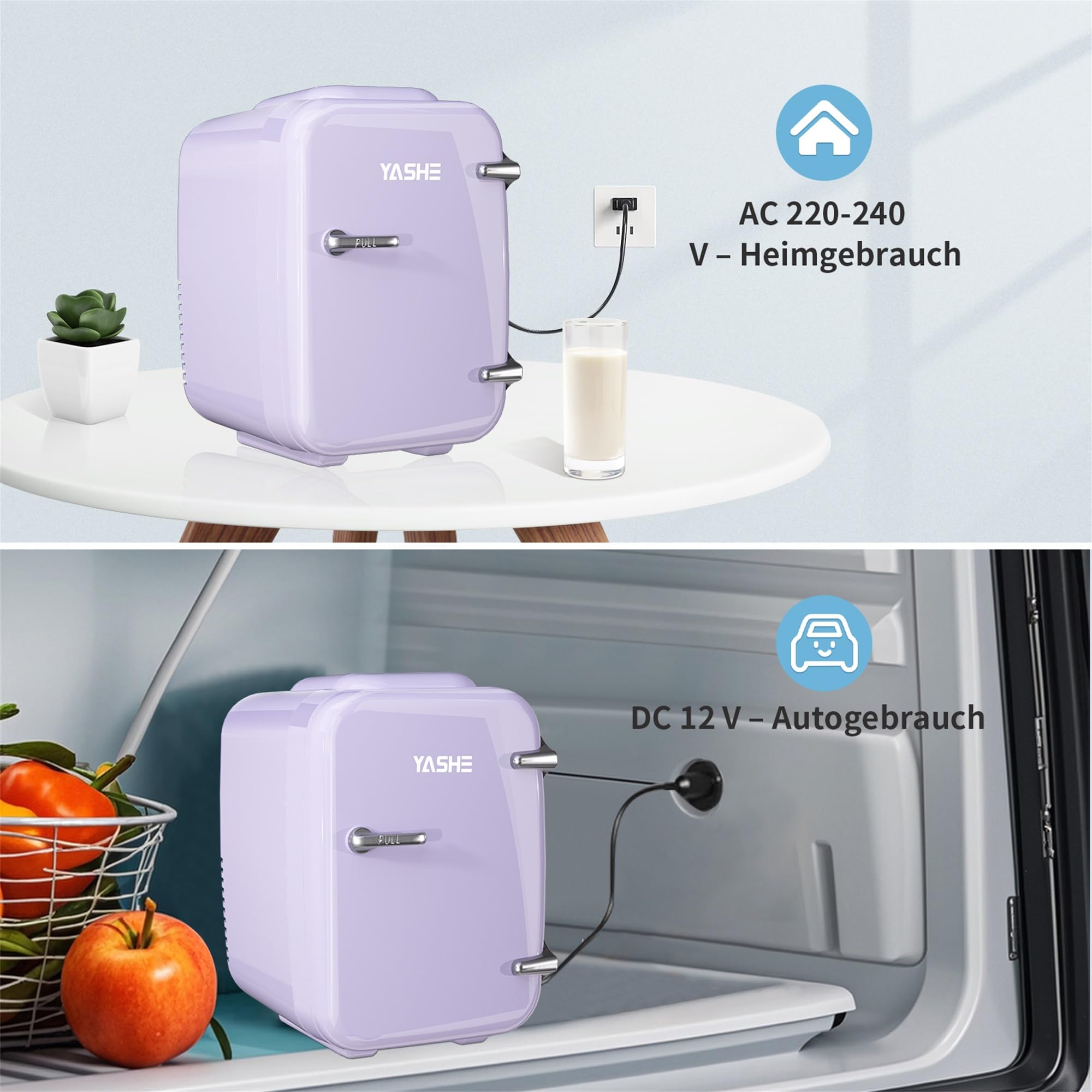 YASHE Mini Kühlschrank, 4 Liter Mini-Kühlschränke für Kosmetik, Getränke, 220V AC/ 12V DC Thermoelektrische Kühlung und Erwärmung, Kleiner Kühlschrank für Schlafzimmer, Büro, Wohnheim, Auto (lila)