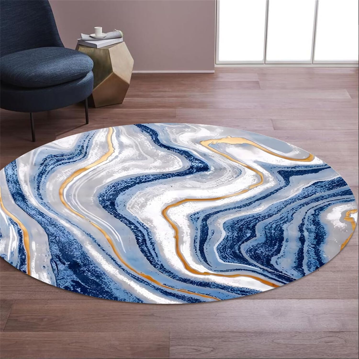 JvFbjLF Marble-patterned, Swirling, Circular Modern Abstract Fluid Art-style Soft Rug(Sea Blue,120cm)