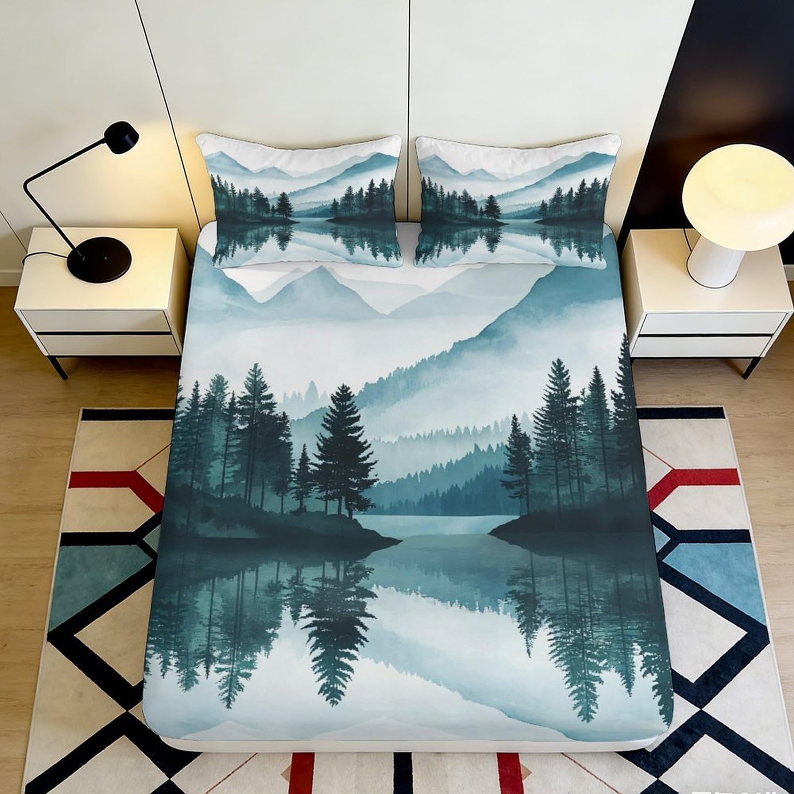 3D Printed Misty Forest Fitted Sheet Microfiber Soft Breathable Lake Mountain Bed Cover for Bedroom Guest Room Decor 90x200x25cm