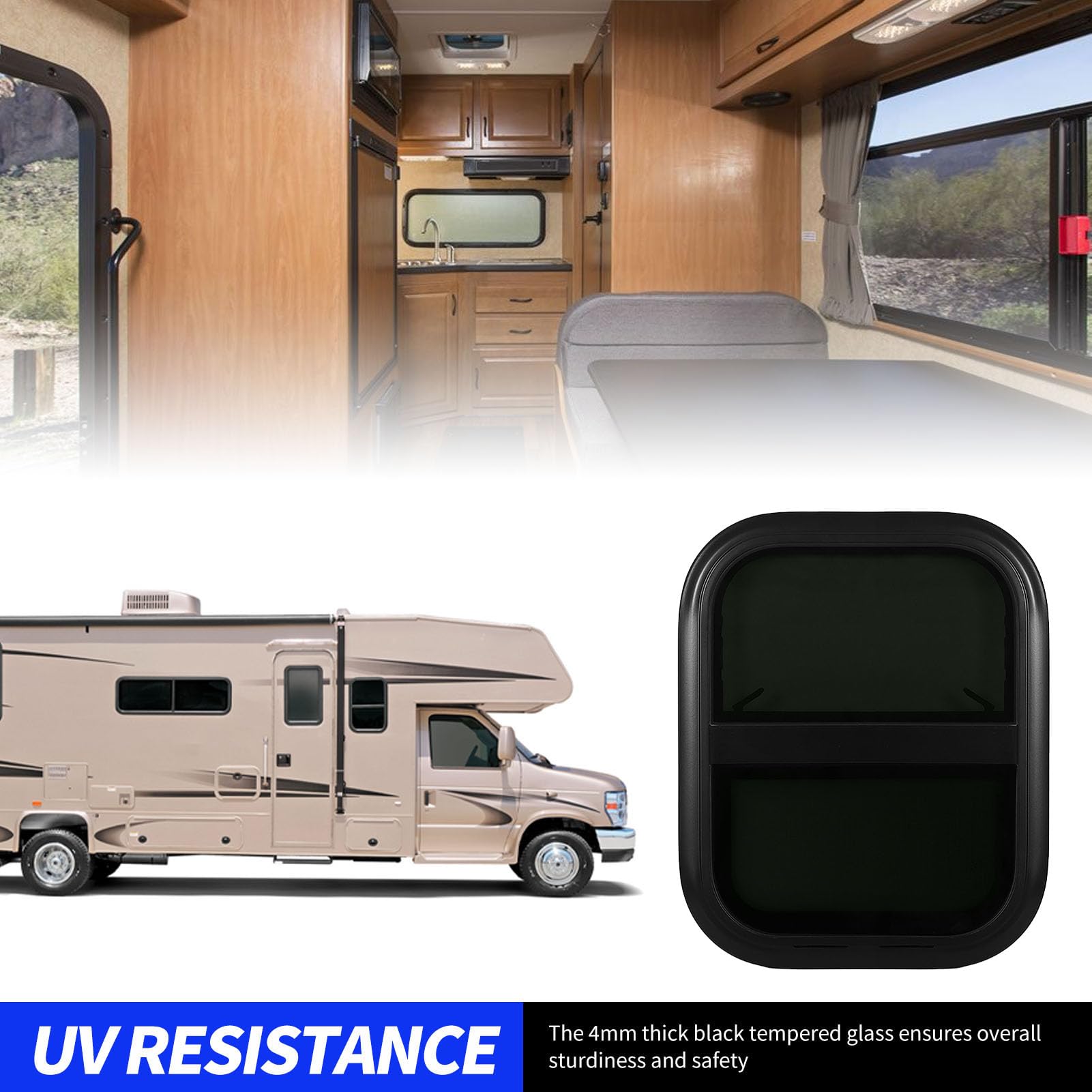 Fenster, Wohnmobil-Schiebefenster mit Bildschirm, Wohnmobil-Schiebefenster mit Sichtschutz, 440 Mm Hoch, 390 Mm Breit, Getöntes Gehärtetes Glas, Wasserdicht, für Wohnmobil-Anhänger