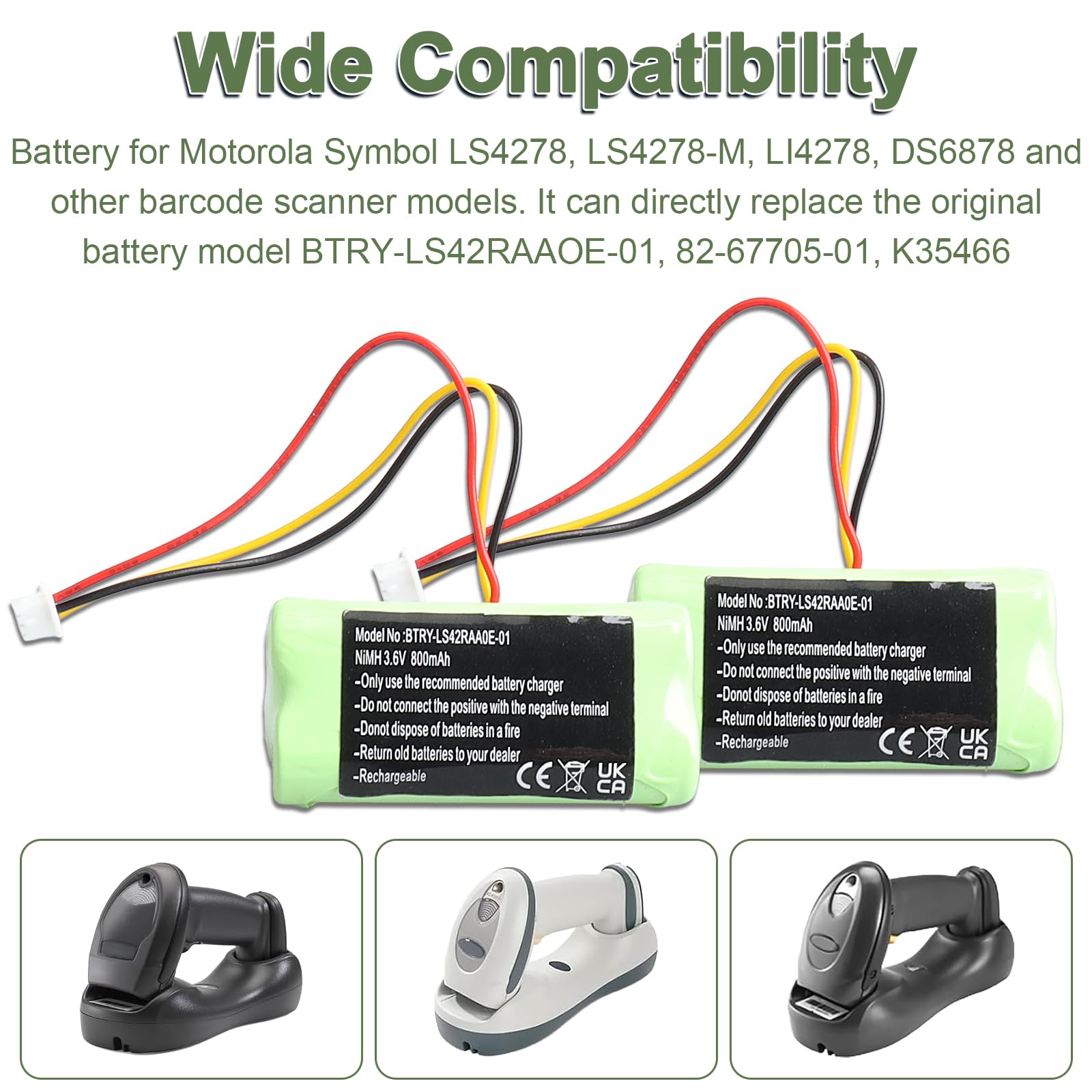 2 baterías de repuesto Ni-MH 3.6V 800mAh compatibles con Motorola Symbol LS4278, LS4278-M, LI4278, DS6878, 82-67705-01, BTRY-LS42RAAOE-01, K35466
