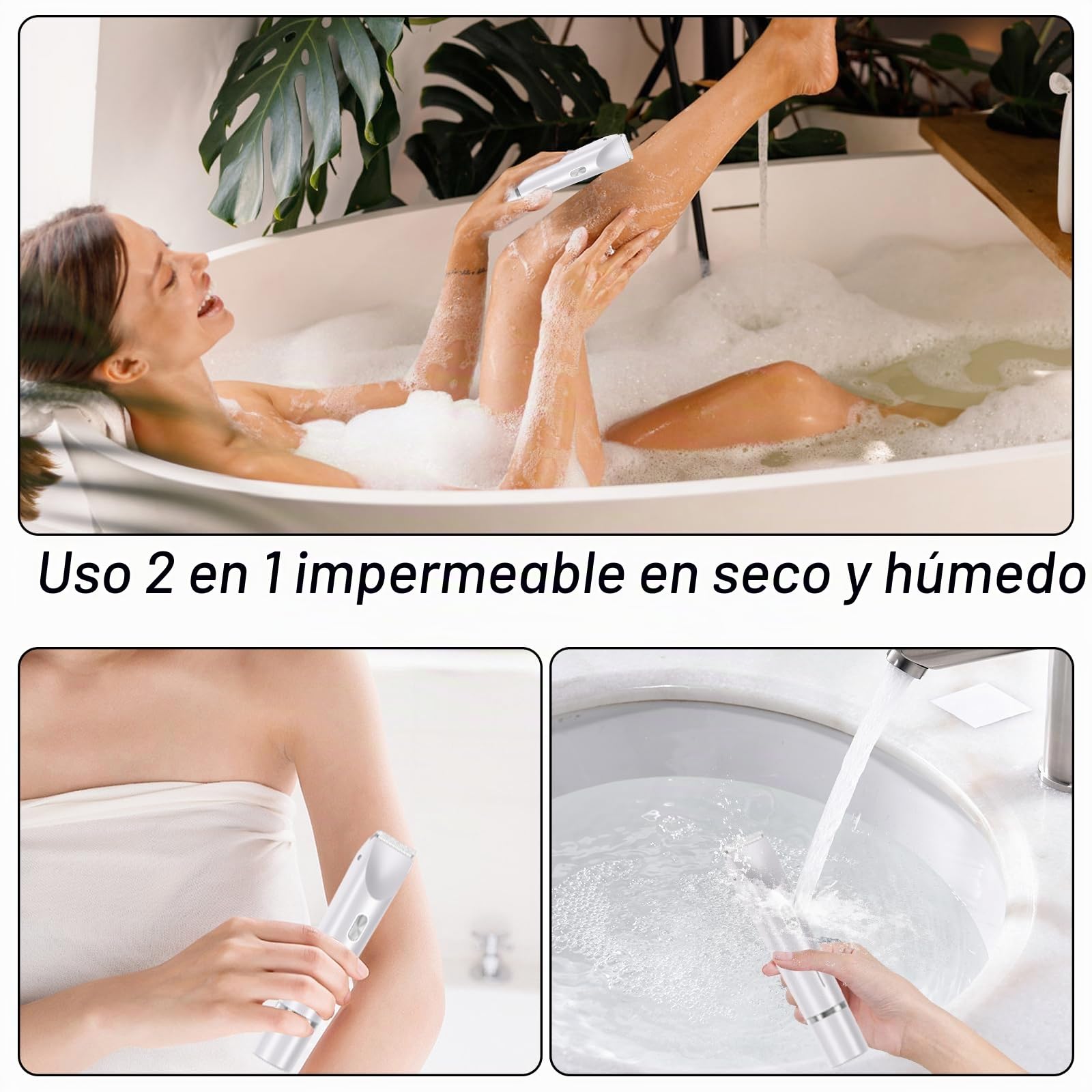 Afeitadora Mujer, 2 en 1 Rasuradora, Impermeable IPX7 Recortadora Mujer zona Intima, Impermeable, Recargable, para Cuerpo, Cara, Uso Húmedo y Seco