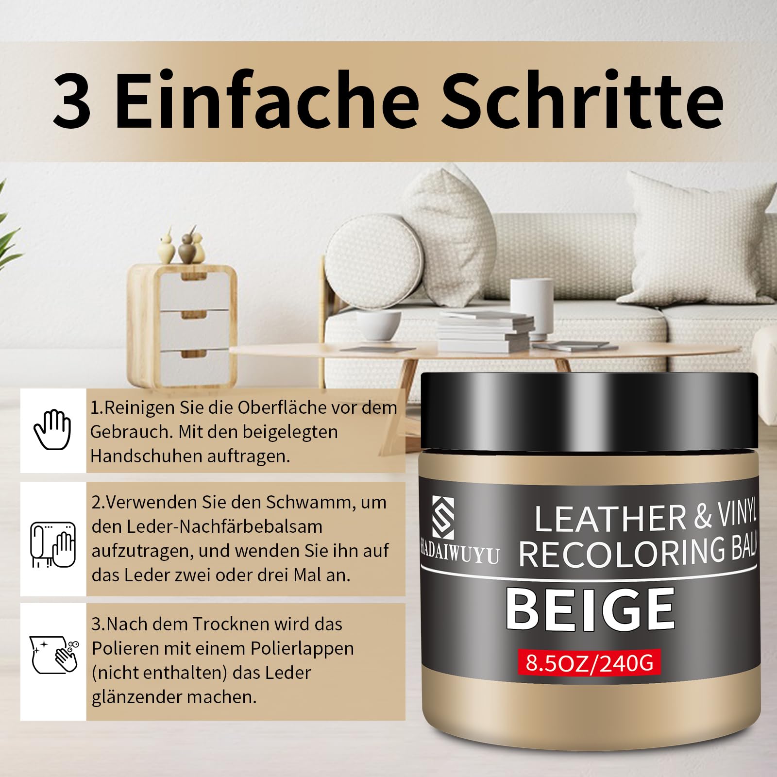 240g Lederpflege Auto,Leder Reparatur Set Beige,Flüssigleder,Lederfarbe,Kunstleder Reparaturset zum Reparieren von Sofas,Vinylmöbeln,Autositz,Lederschuhen,Sattel bei Verblassen und Kratzern