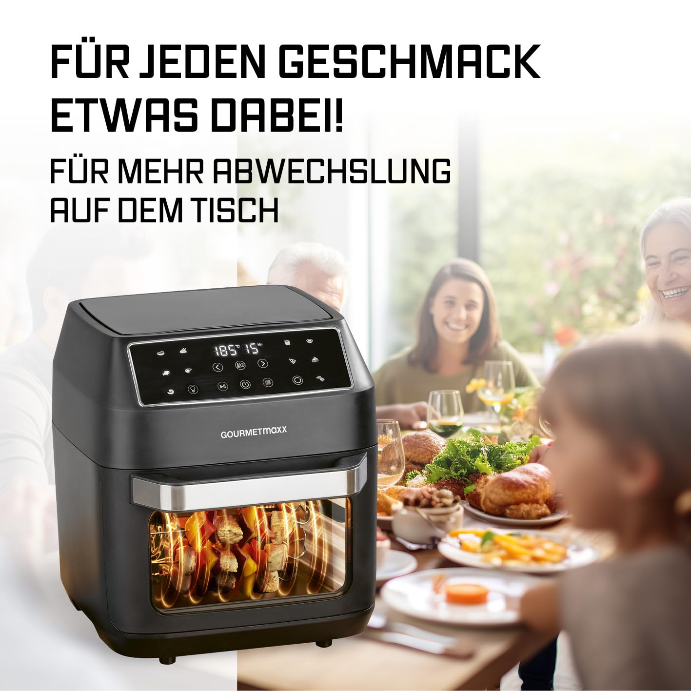 GOURMETmaxx Heißluftfritteuse 12 L Airfryer | Fritteuse mit 9 Funktionen, Touchdisplay, Dreh- & Schaschlikspießen | 10 Programme inkl. Pizza | Minibackofen 1700 W – nahezu ohne Öl