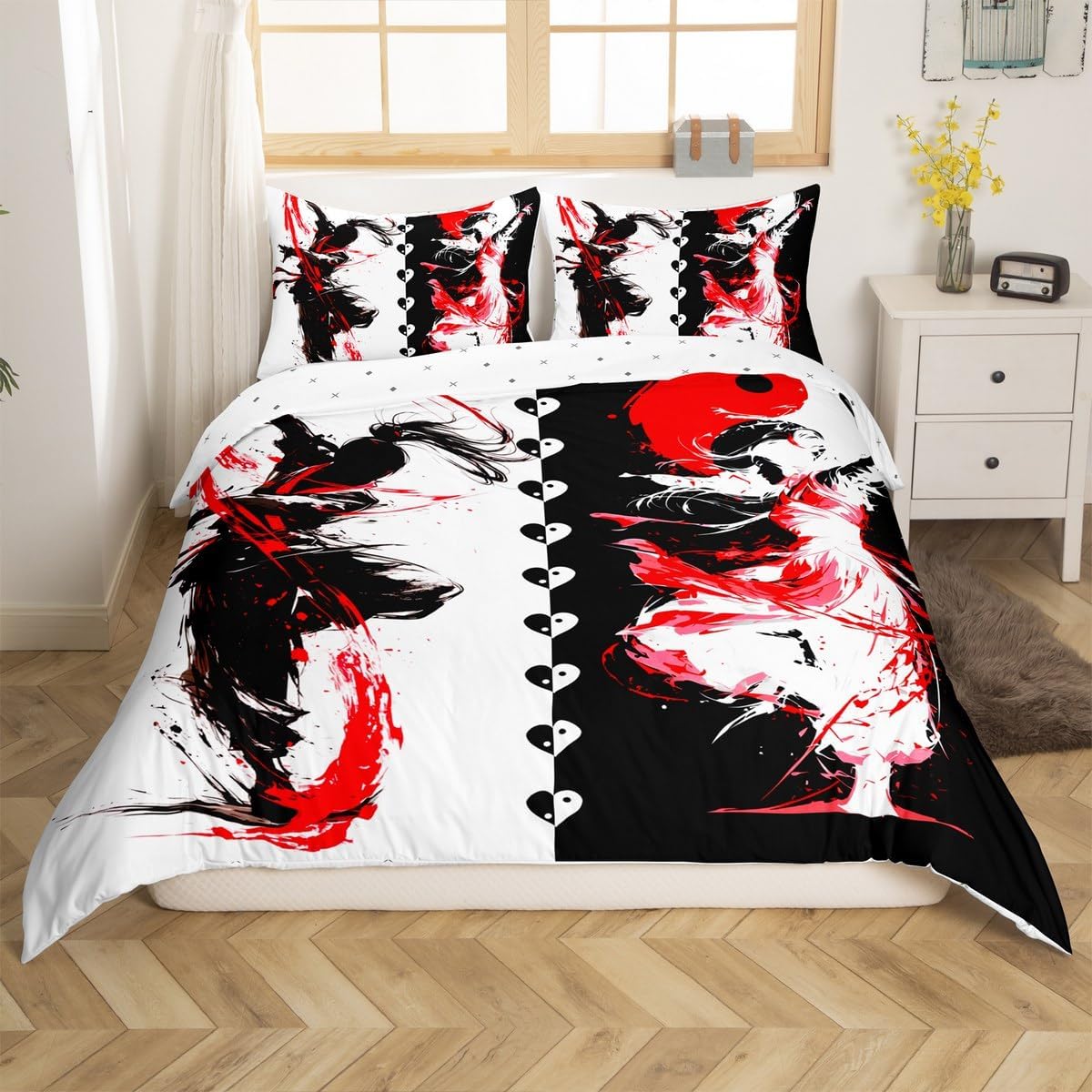 jejeloiu Kids Chinese Kung Fu Bedding Set Toddler Size, Tai Chi Duvet Cover Red Black Comforter Cover for Kids Boys Girls Warrior Bedspread Cover Room Decor with 1 Pillow Case (No Comforter)