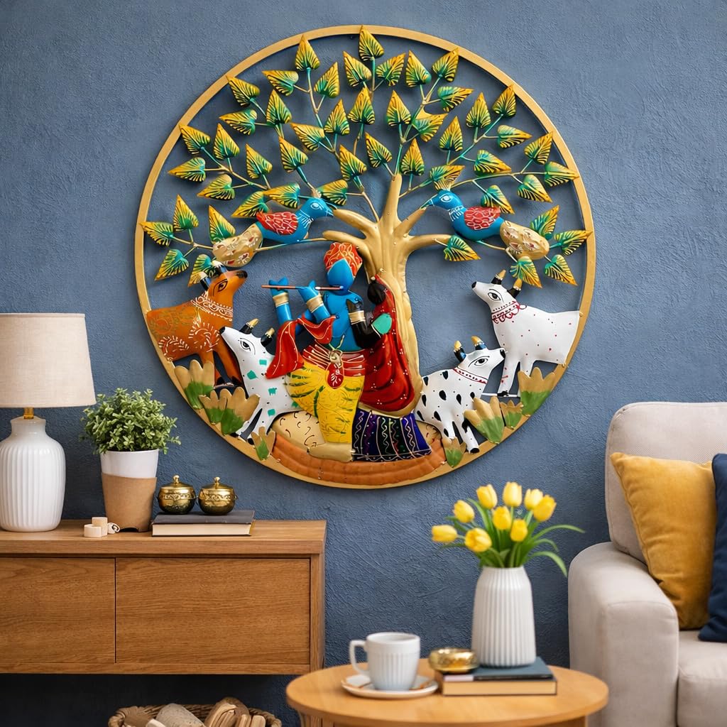 ZXC Handcrafted Metal Radha Krishna Wall Decor with Tree & Cow | 24 x 24 Inch Multicolor Round Wall Art | Traditional Indian Spiritual Home & Living Room Decoration