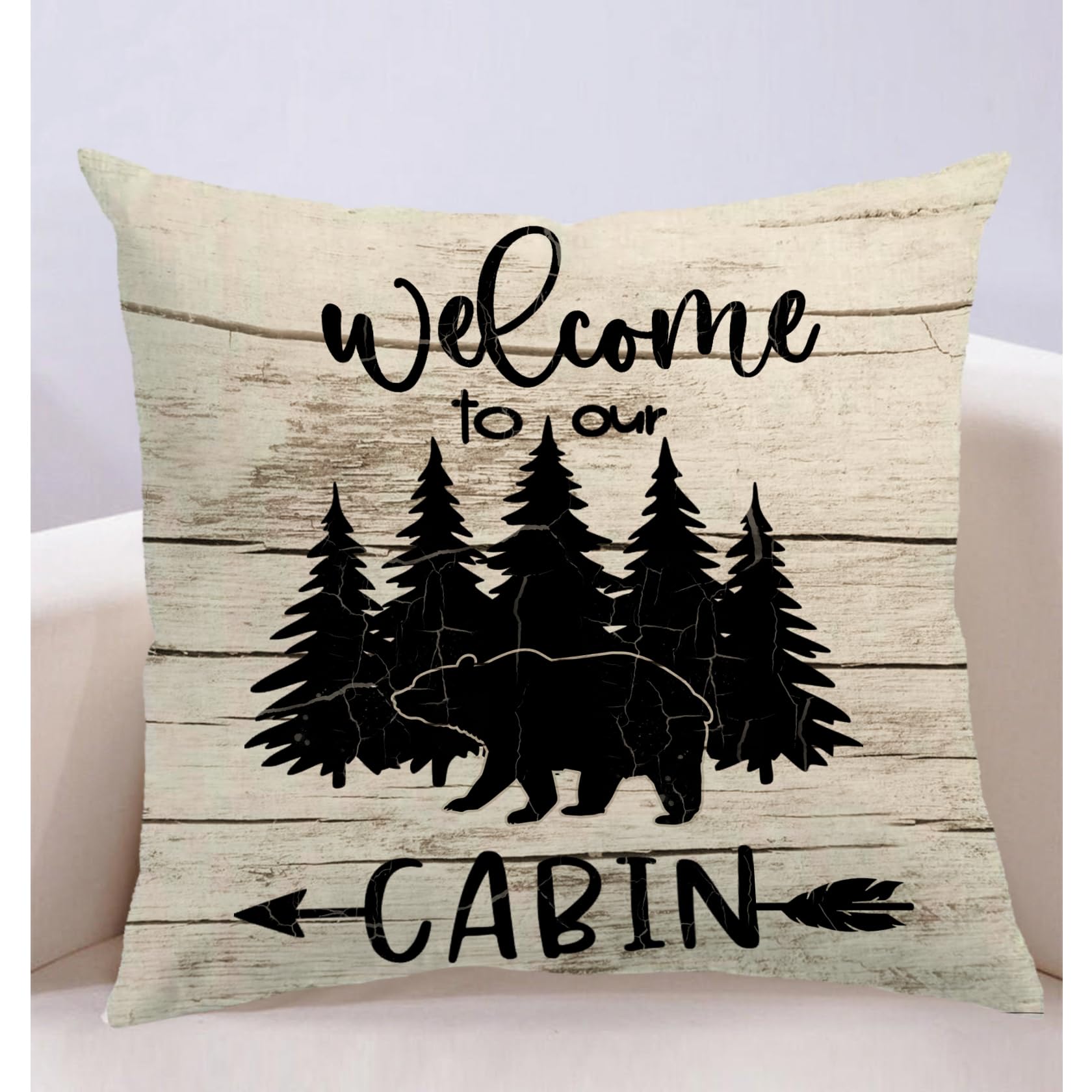 7COLORROOM 2Pack Bear Throw Pillow Cover Double-Sided Printed Don’t Wake The Bear Black Bear Wood Grain Background Cushion Covers Welcome to Our Cabin/Camper Decorative Pillowcases 18" x 18" 2