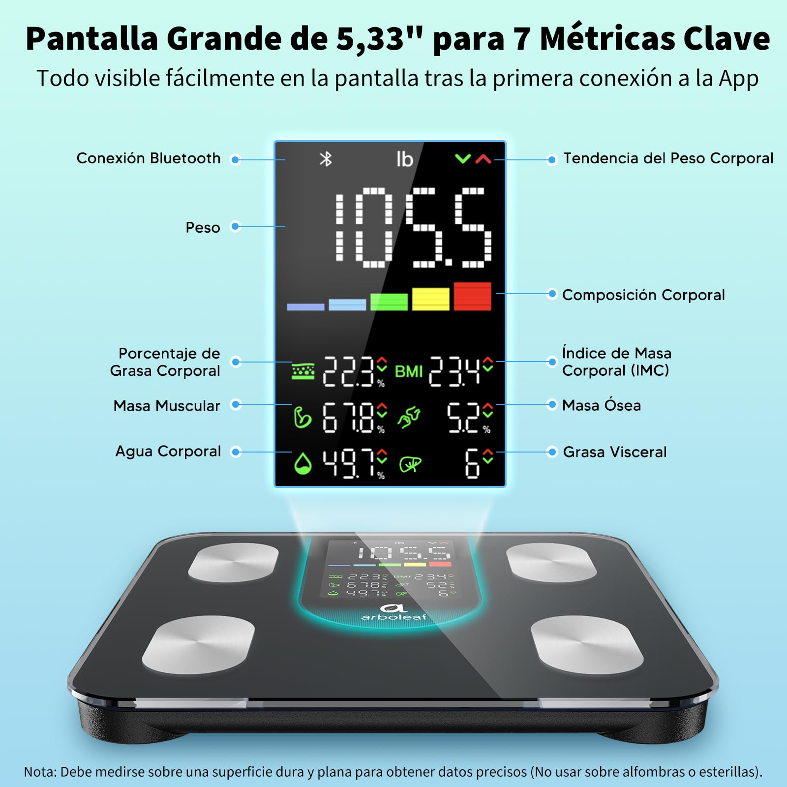 Arboleaf Báscula de Baño Inteligente, Balanza peso Corporal Bluetooth con App, Bascula Digital con Pantalla Grande para IMC, Grasa Corporal, Masa Muscular, 14 Métricas, Alta Precisión, Hasta 180 KG