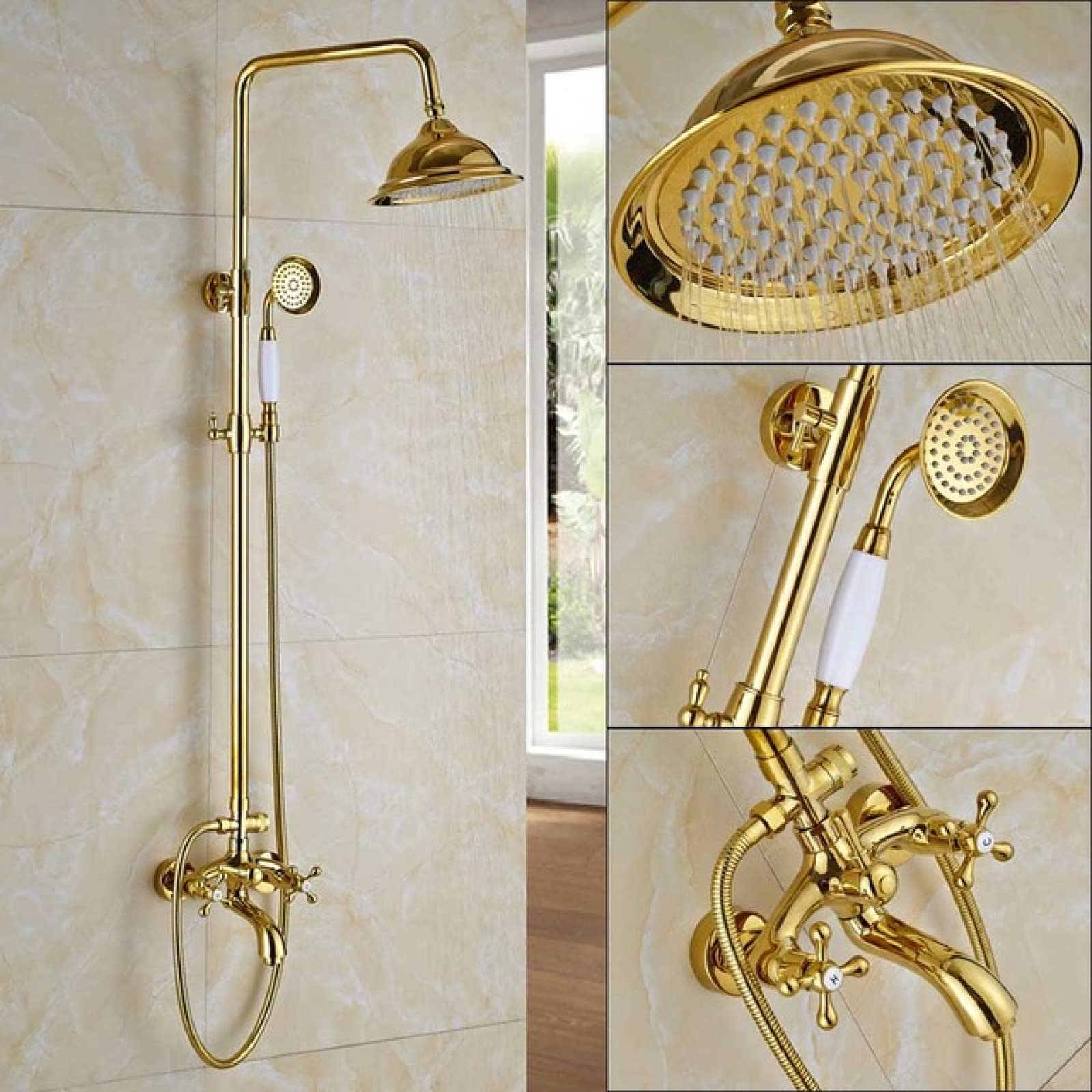 ASerZenith Golden Bathroom Shower Faucet Set Gold Rainfall Shower Mixer Crane Wall Mounted with Hand Shower Bath Rain Column Tap(Shower Faucet E)