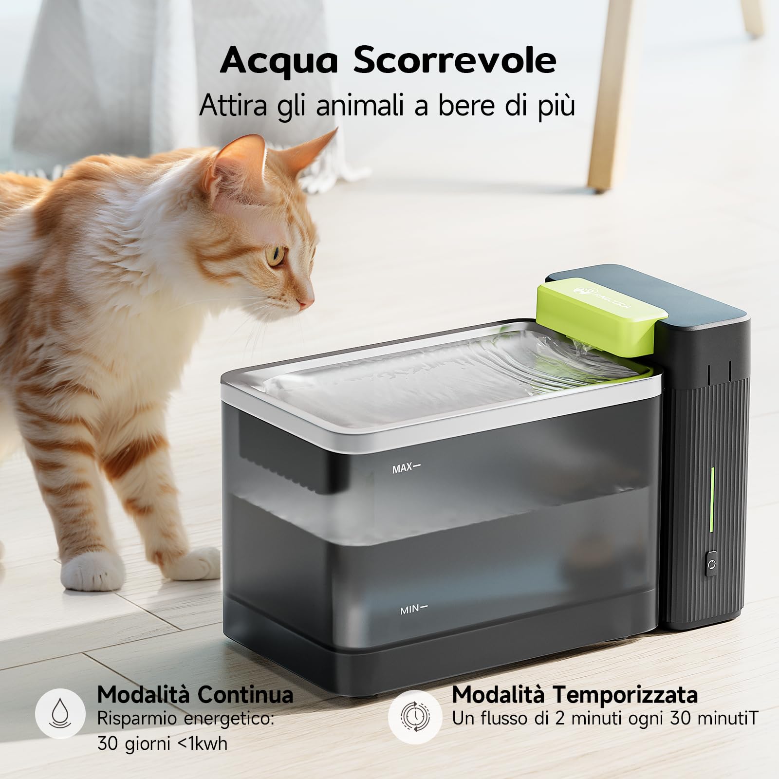 Amicura A3lite Fontanella per Gatti Ultrafiltrata, 3.3L Capacità, Disco in Acciaio 316, Filtrazione Tripla, Ultra Silenziosa (<25dB), Modalità Touch Cascata/Energia, Avviso di Mancanza d'Acqua -Nero