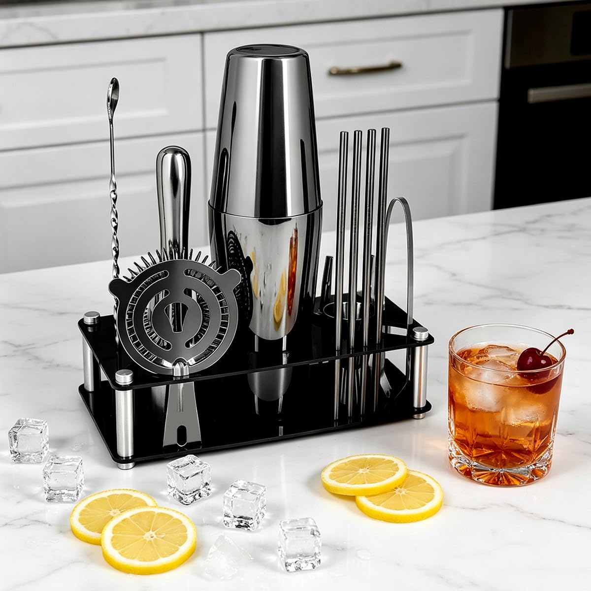 Set professionale per cocktail con supporto per ricette per cocktail, 15 pezzi, 750/600 ml, kit da barista, set da barista, set di strumenti da bar Boston da 25/20 once, jigger, pestello (nero)