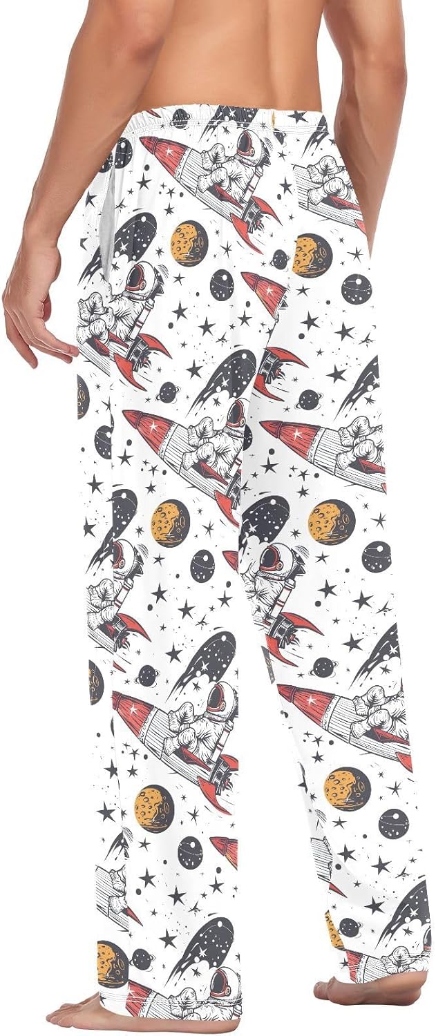 ALAZA Astronaut Rocket Stars Men's Pajama Pants Men Cotton Pajama Bottoms with Pockets, S