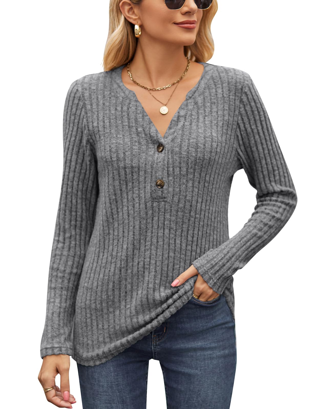 Akiooue Warmer Dünner Strickpullover Anti Pilling Weich Angenehm Damen Langarm Taillierter Herbst Winter V Ausschnitt mit Knöpfen Oberteil