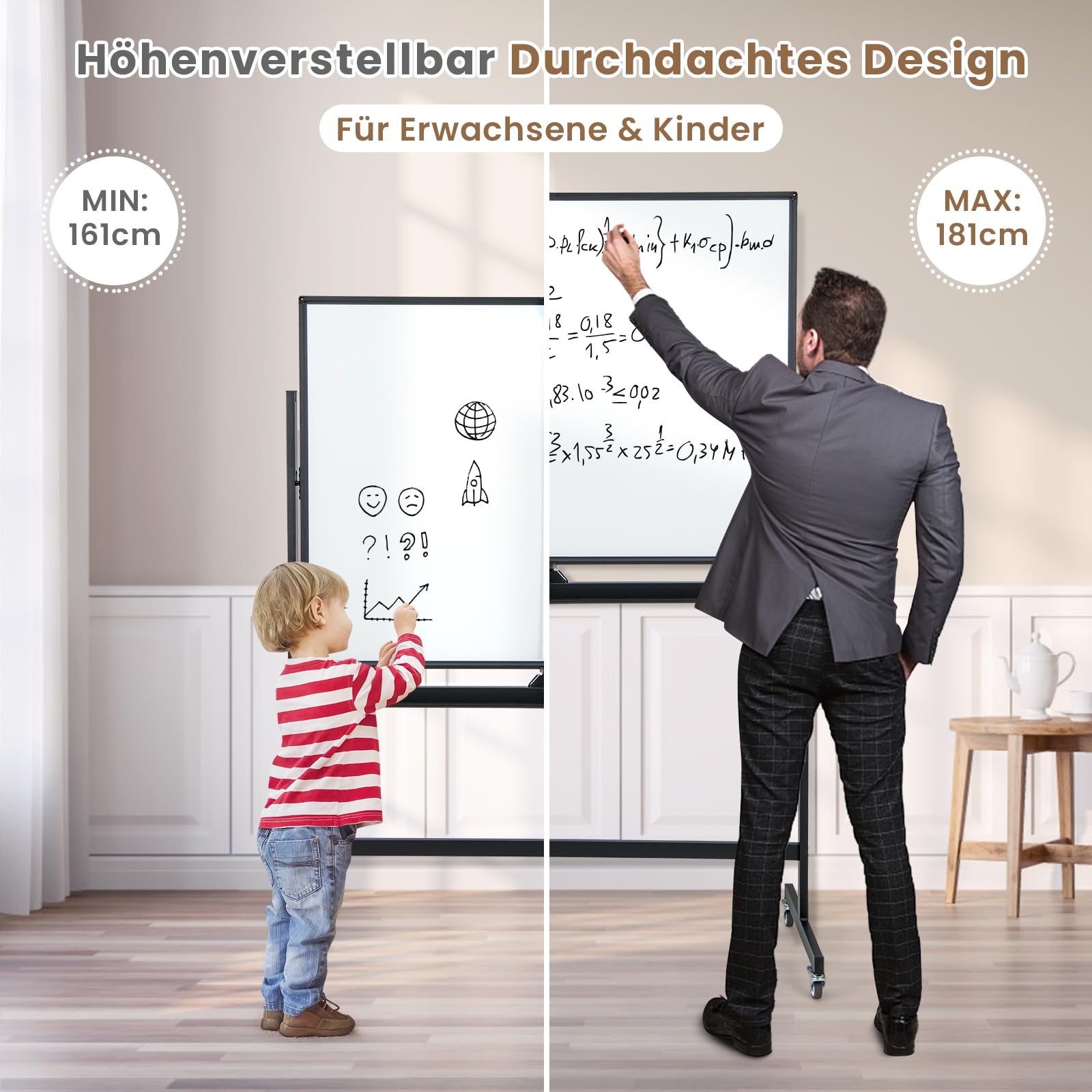 COSTWAY Doppelseitiges mobiles Whiteboard, 120 x 90 cm, Trocken abwischbares magnetisches Whiteboard mit Gittermuster, Rollen, Ständer und Stiftablage, inkl. Zubehör für Büro, Zuhause (Schwarz)