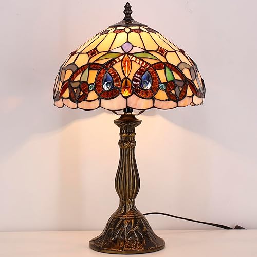 Miniatura 6 de WERFACTORY Lámpara de mesa estilo Tiffany con vitrales de serenidad victoriana, lámpara de noche de escritorio, luz de lectura, 12 x 12 x 18