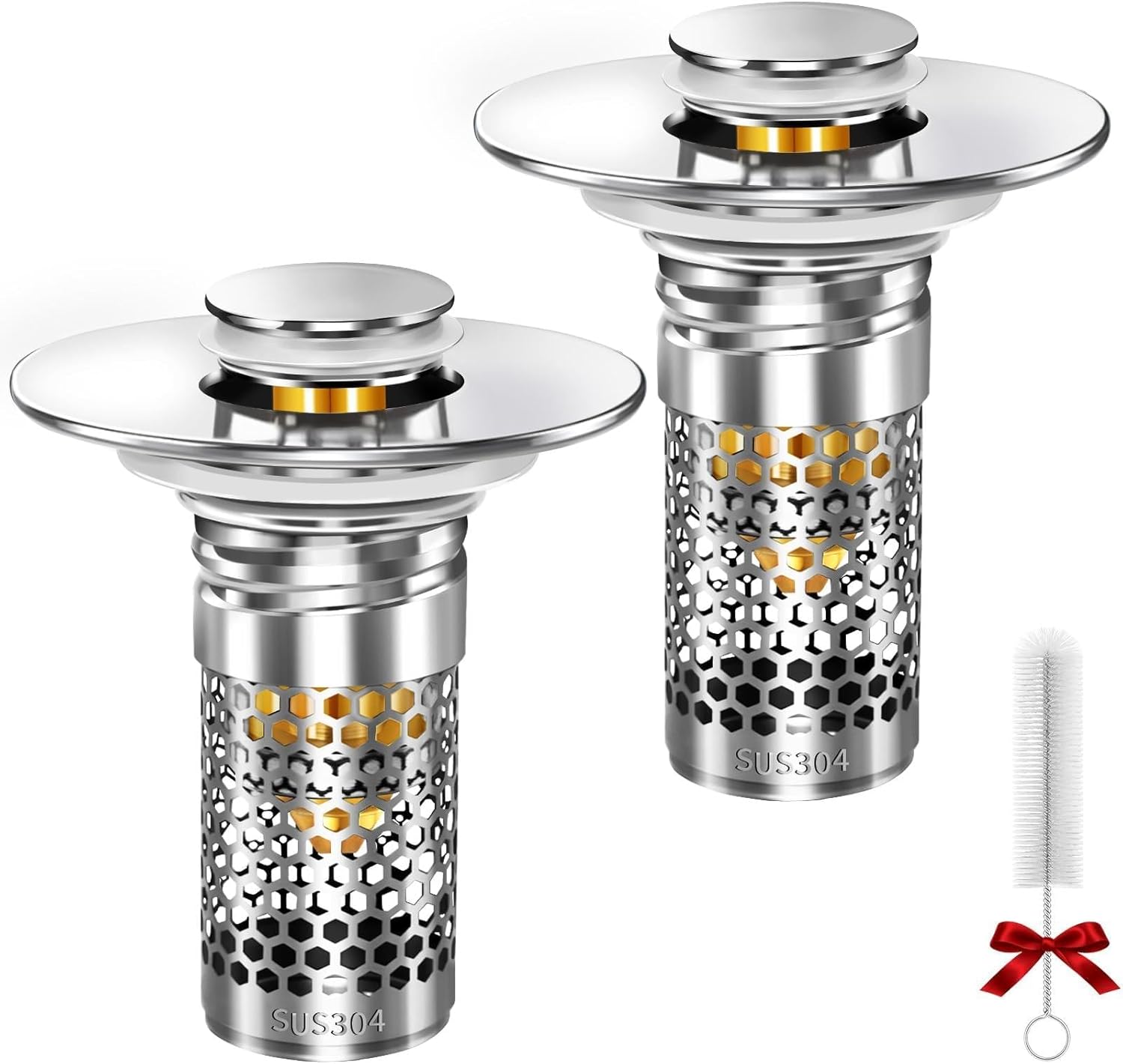 Bathroom Sink Stopper, Pop-up Bathroom Sink Drain Strainer Stopper with Removable Stainless Steel Strainer Filter Basket Hair Catcher, Sink Drain Stopper for Bathroom Sink Stopper Replacement (2PCS)