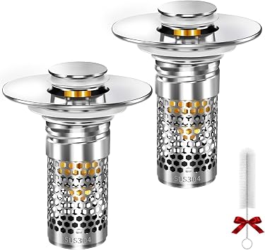Bathroom Sink Stopper, Pop-up Bathroom Sink Drain Strainer Stopper with Removable Stainless Steel Strainer Filter Basket Hair Catcher, Sink Drain Stopper for Bathroom Sink Stopper Replacement 2PCS
