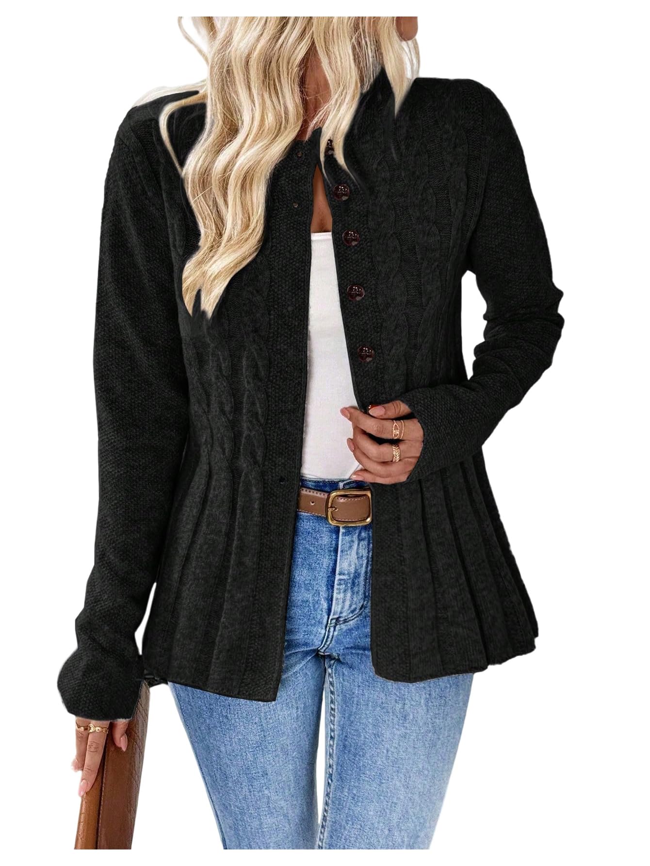 SOLY HUX Womens Button Up Cardigan Sweater Long Sleeve Cable Knit Lightweight Business Casual Peplum Tops Outwear Coat