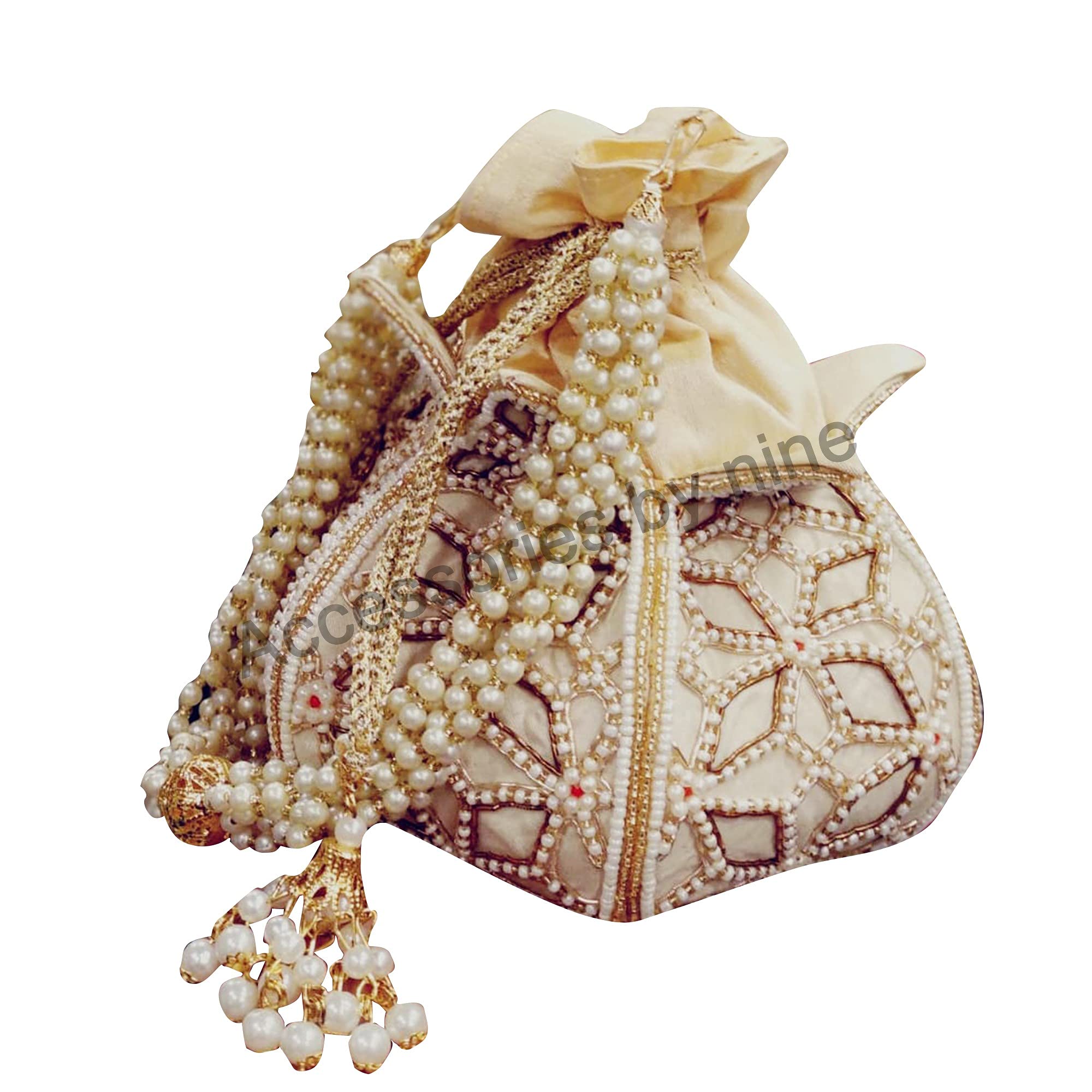 Women Hand Embellished Gold Bridal Tassels Pouch Chic Trendy Stylish lotus Potli Bag pearl heavy Kundan Embroidered Work pearl chain Indian Bridal Party Purse You Can Carry with any outfi
