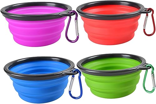 Cuencos plegables para perros, paquete de 4, cuenco portátil para agua y comida de viaje con clip de mosquetón para perros y gatos, ideal para