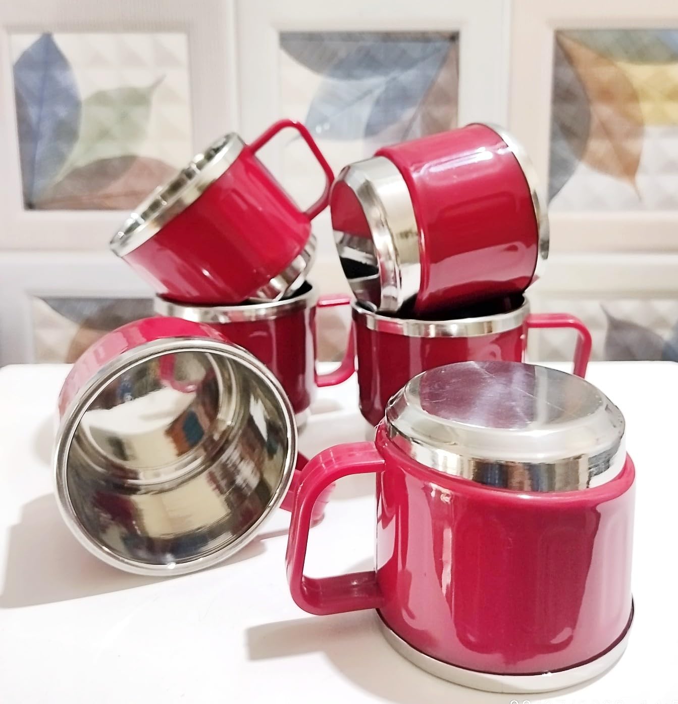 Anixa Creation Pack of 6 Stainless Steel Tea Cup Set | Steel Cups | Coffee Cups | Payali Set, Mini Cups Set of 6 | Chai ka Cup -Inner Steel Outer Plastic (Maroon) 1
