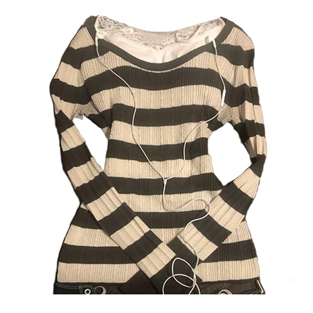 Striped Cable Knit Sweater Women Fold Over Off The Shoulder Sweater Fall Vintage Cute Y2k Tops 2000s Emo