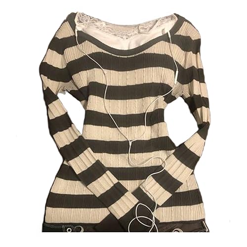 Striped Cable Knit Sweater Women Fold Over Off The Shoulder Sweater Fall Vintage Cute Y2k Tops 2000s Emo Grunge Shirts