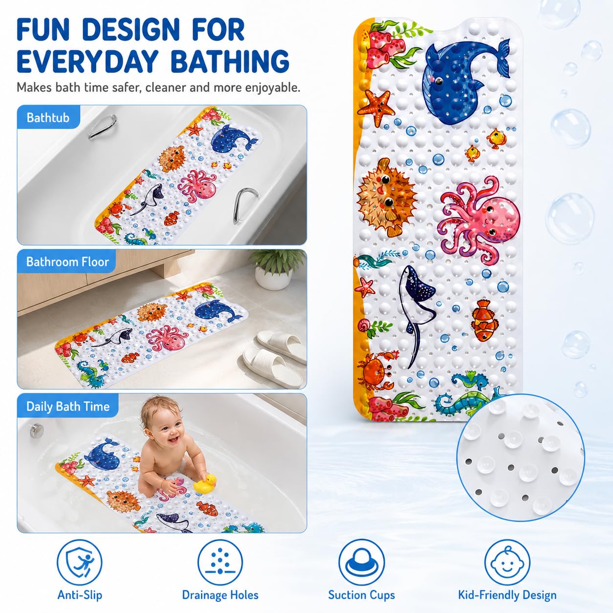 Tapis de Bain Antidérapant pour Bébé et Enfants, 100 x 40 cm, avec Ventouses et Trous d’Évacuation, Lavable en Machine, Motif Pieuvre Rose