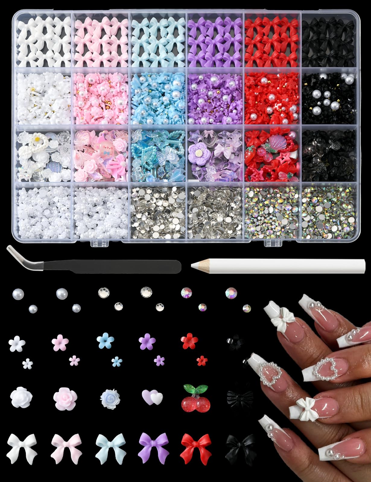 3D Nail Charms and Gems 4000 Pcs Cute Nail Bows Flowers and Mixed Styles Nail Art Charms with Rhinestones Flatback Pearls Suitable for DIY Nail Art
