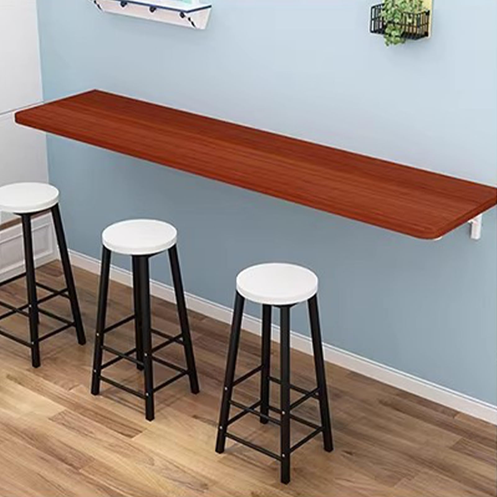 GDMDPTE Modern Wall-Mounted Folding Bar Table - Slim 200cm Design for Home Office & Café - Stylish Teak Color Workbench for Dining Tea & Storage Solutions