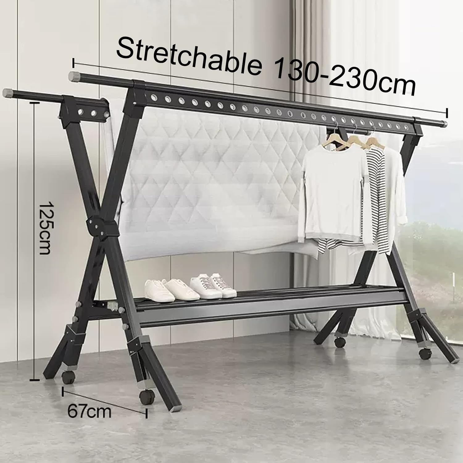 Clothes Horse Clothes Airer Foldable Portable Space Saving Clothes Drying Rack,Extendable Clothing Dryer Rack,360 Degree Universal Wheels,Aluminium Drying Rack,for Clothe,Noir 130230cm