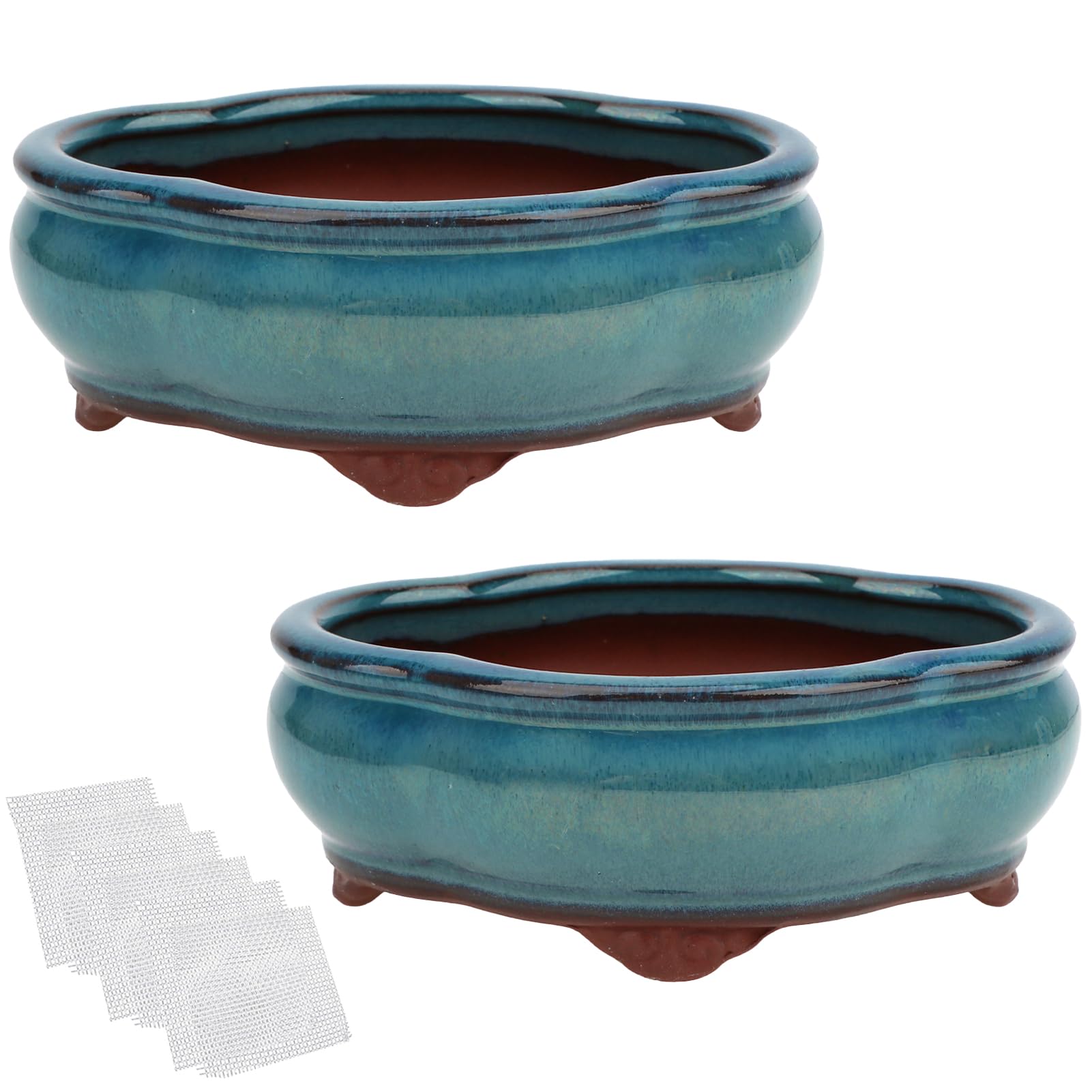 happy bonsai 5.7" Small Glazed Pots Set of 2 + 6 Soft Mesh Drainage Screens