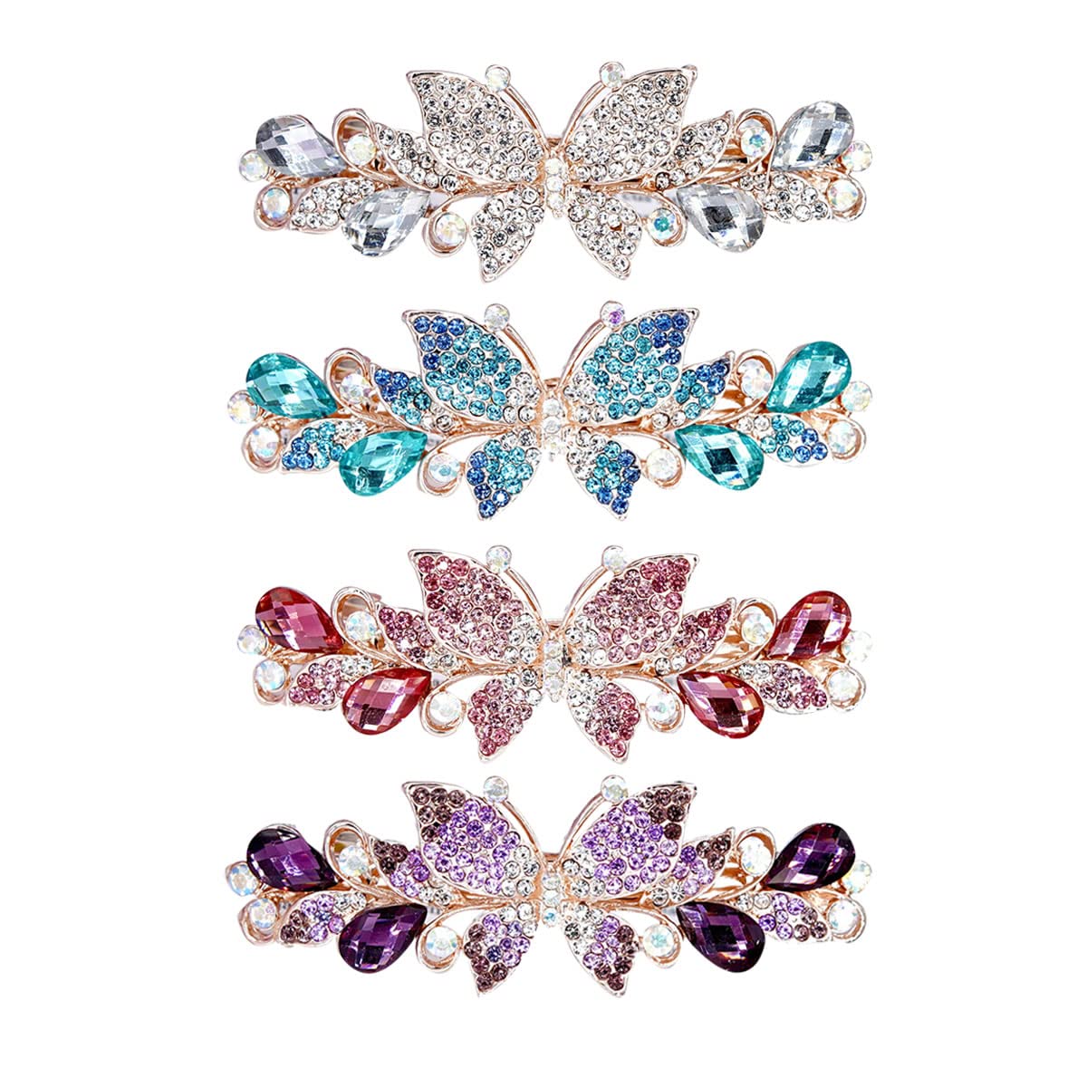 inSowni 4 Pack Luxury Glitter Sparkly Jeweled Gems Crystal Rhinestone Butterfly Metal French Hair Barrettes Fancy Bling Alligator Snap Butterflies