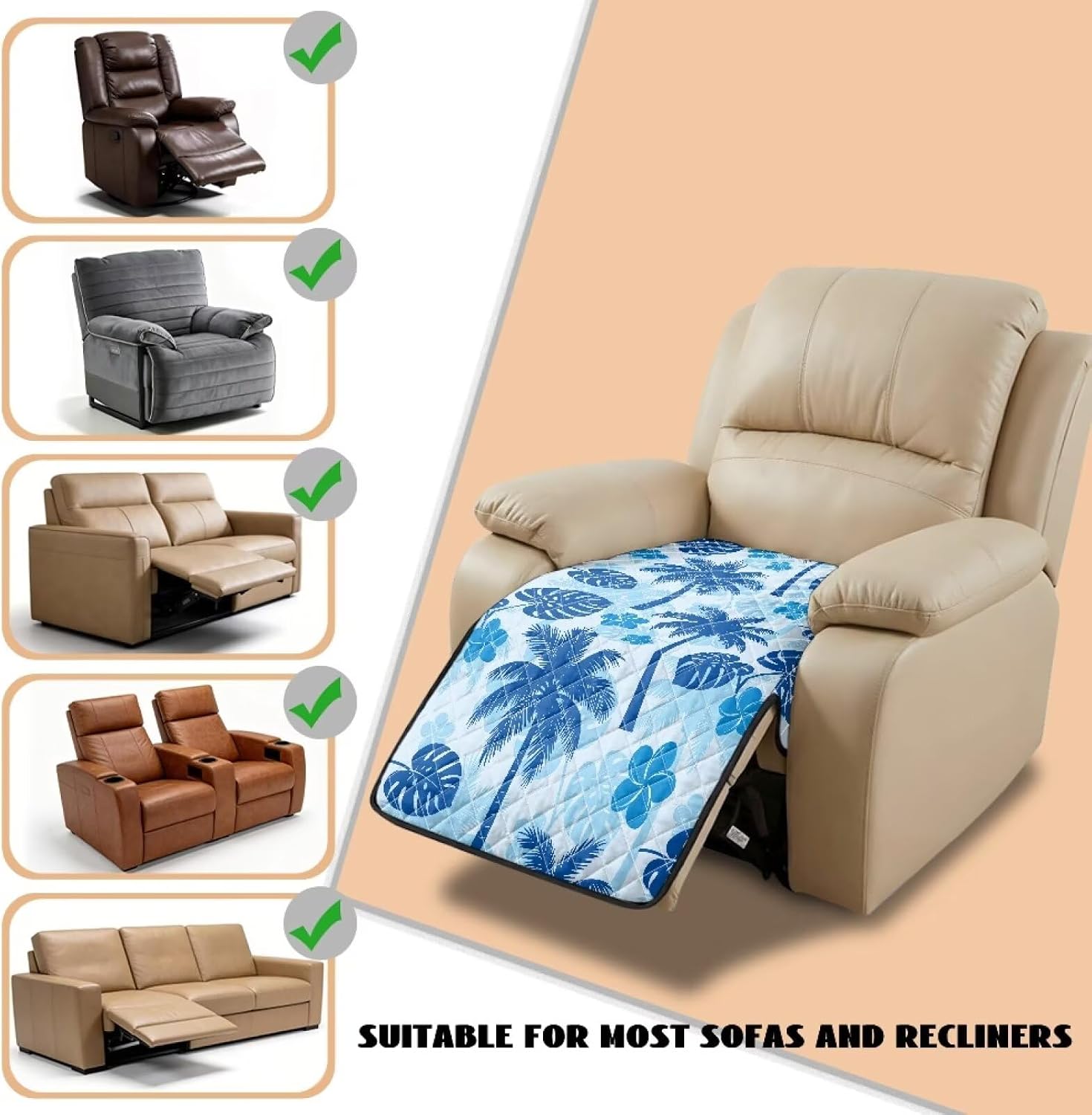 Tropical Monstera Leaf Print Recliner Chair Covers, Plumeria Palm Tree Dustproof Recliner Sofa Slipcover Stain Resistant Lazyboy Recliner Chair Cover for Kids and Pets