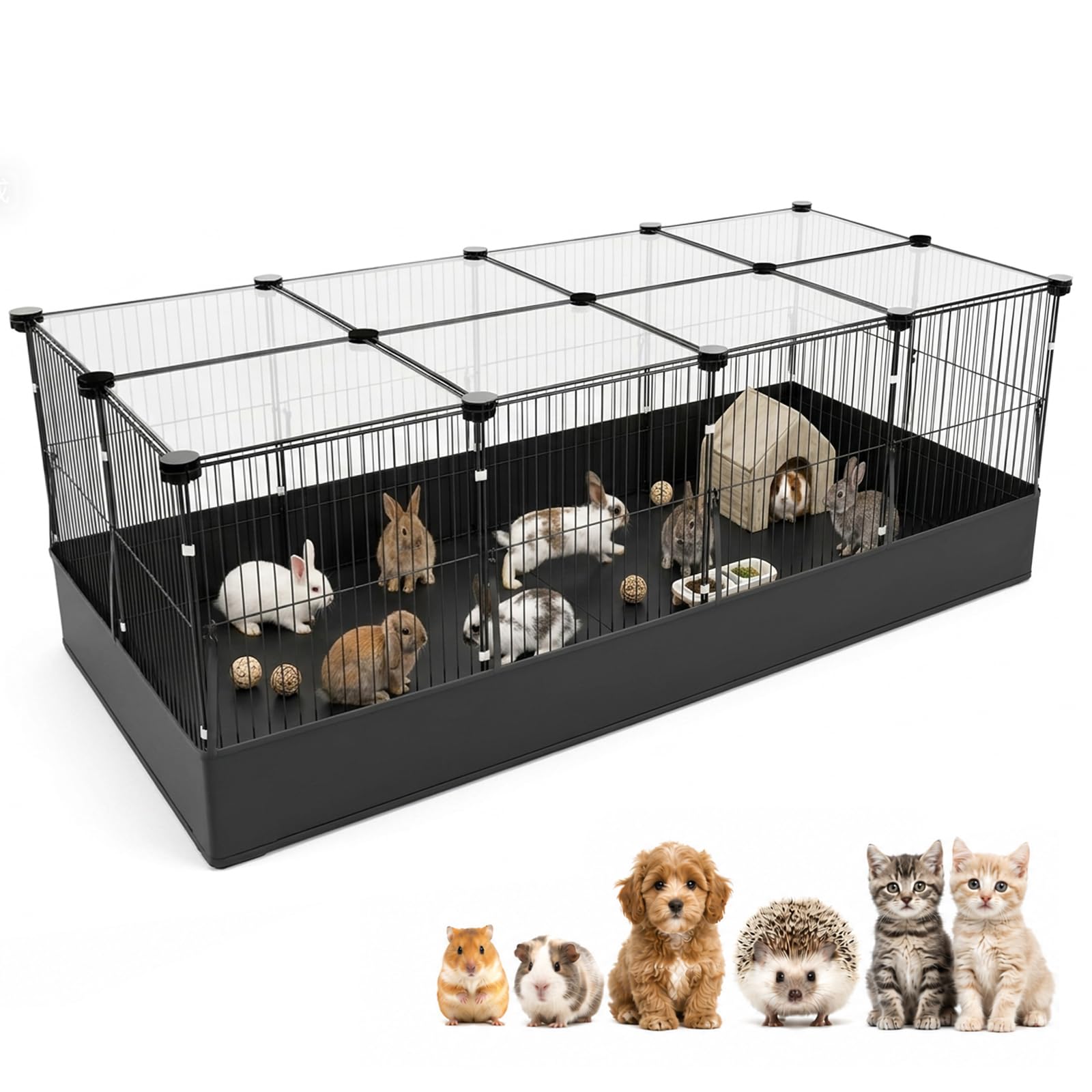 Meerschweinchen Käfig, Kaninchenauslauf mit Abdeckung, 2 Türen, 122×61×41cm | Kleintier Laufgehege, Metallzaun für Drinnen/Draußen mit Bodenauskleidung, für Hamster Rennmäuse Igel Welpen Kätzchen