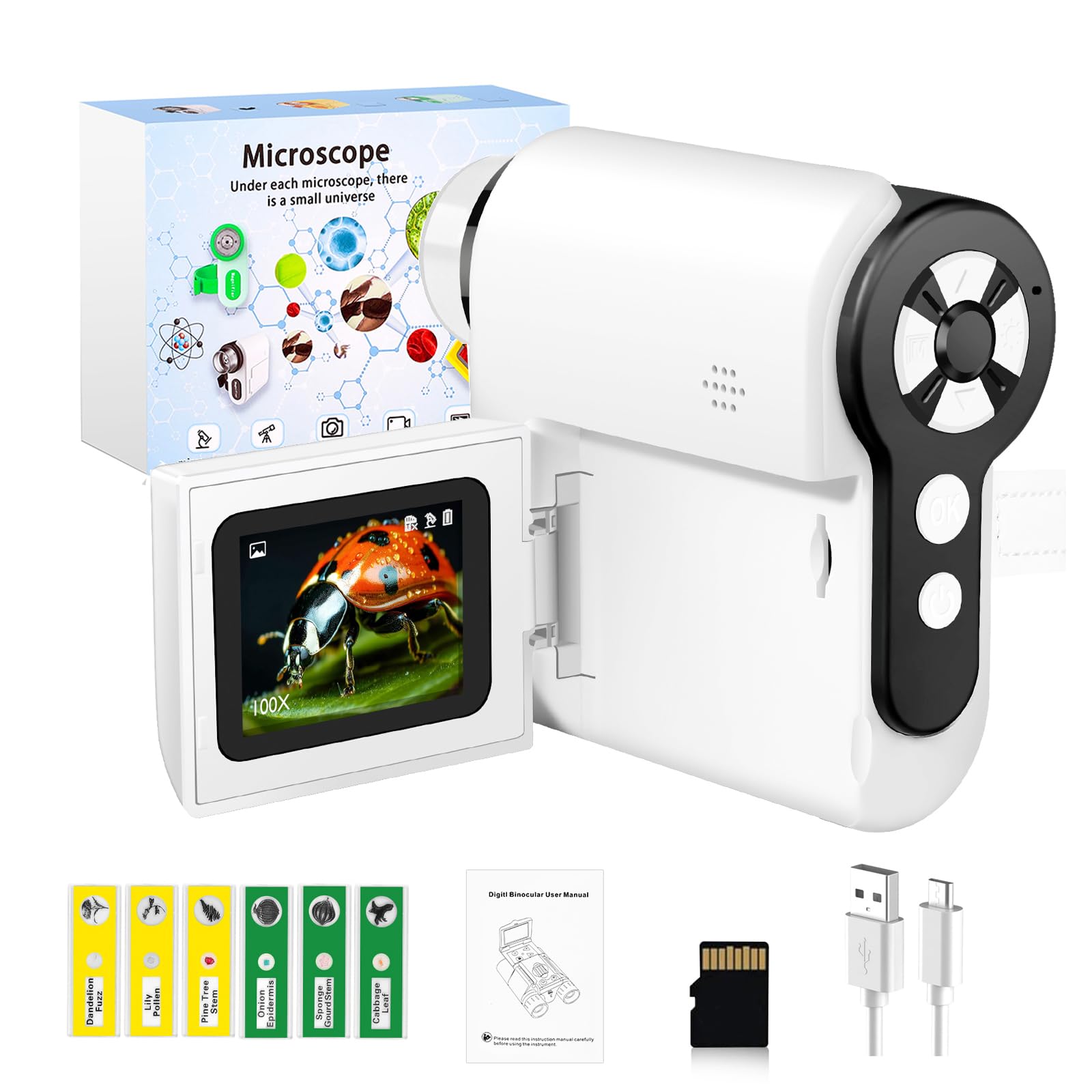 Pocket Microscope for Kids, 2'' LCD Screen 32G 100X-1000X Handheld Microscope with 6 LED Lights, Birthday Gifts for Kids 6 7 8 9 10 11 12 Boys Girls