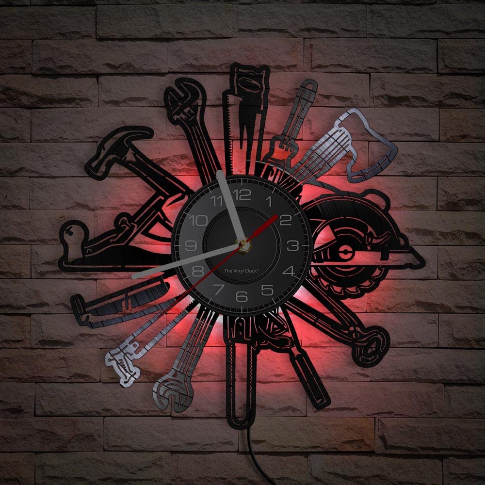 Reloj de pared de vinilo, herramienta de tallado de madera con forma de luz nocturna LED, reloj de pared regalo para artesanos.