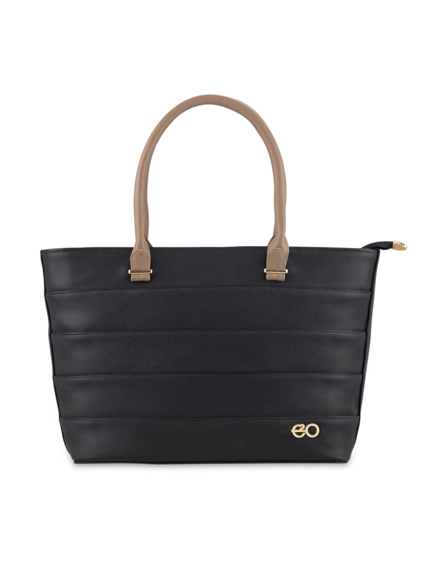 E2O Solid Pattern mettalic deatiling Brown Handbag for Women, BLACK, M