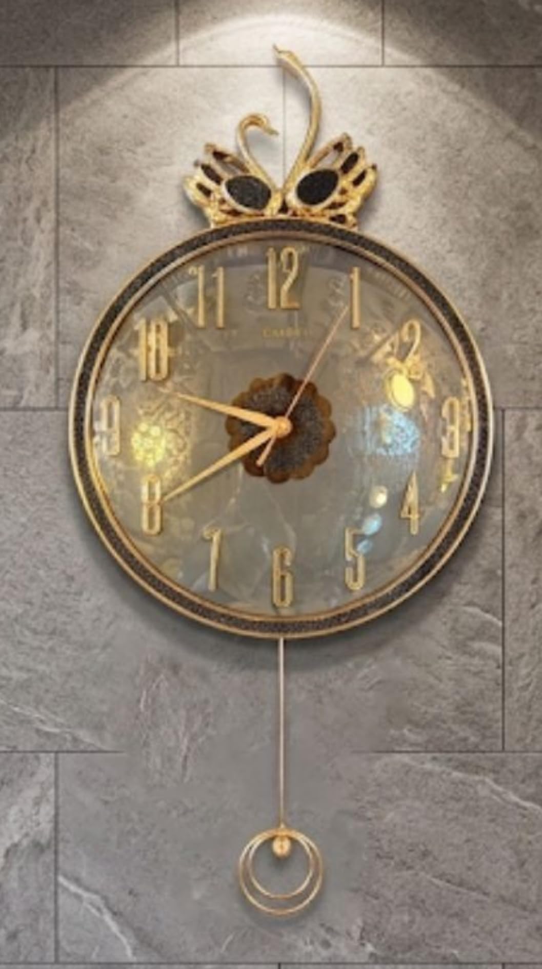 Sanleen Luxury Gold Ducks Wall Clock with Pendulum – 14 Inch Decorative Silent Sweep Clock for Living Room, Home Décor, Modern Designer Wall Clock (Transparent Style)-image-8