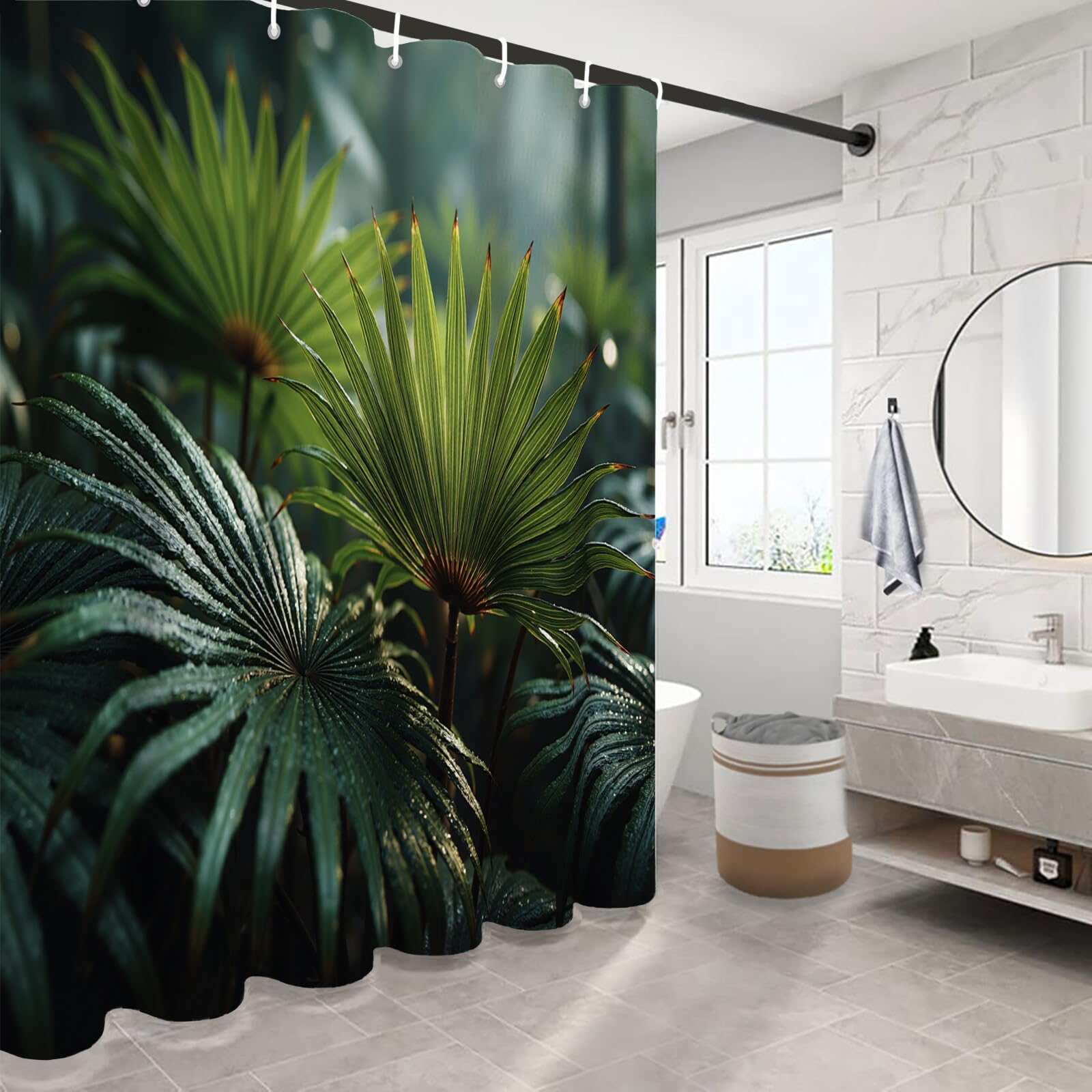 Rideau Douche,Rideau Baignoire Lavable en Machine Rideaux Douche Tissus Lavable Rideau De Baignoire Lavable pour Salle De Bain Domicile Baignoire Famille,Feuilles Vertes Texturées,