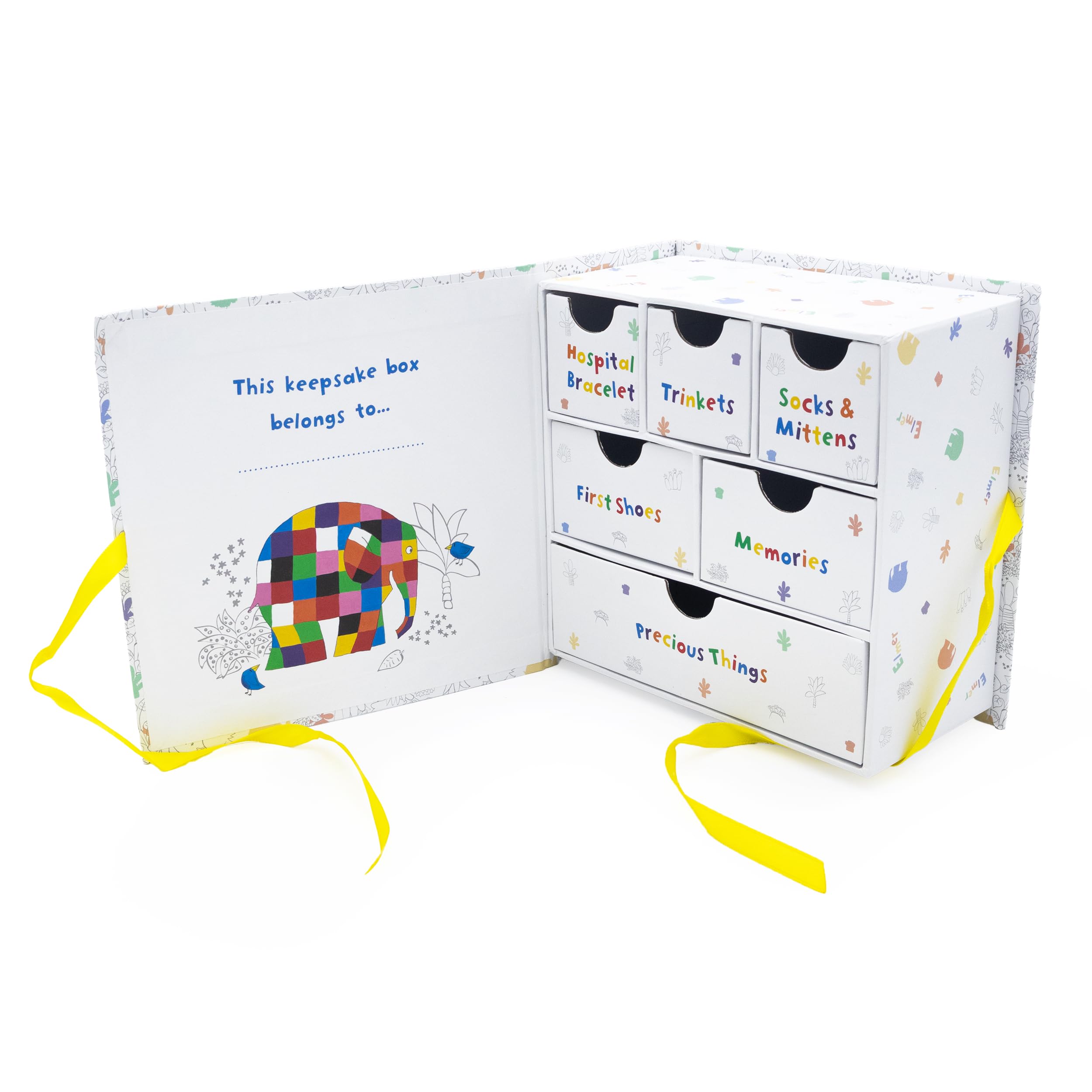 Elmer - Scatola dei ricordi per neonati, con 6 cassetti, per ricordi di neonati, regalo per bambini, con chiusura a nastro, regalo con licenza ufficiale