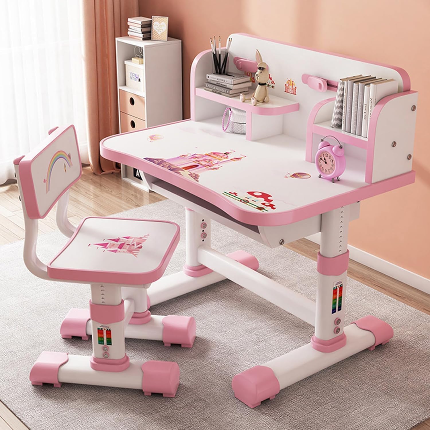 tekrabea Kids Desk and Chair Set with Golden Distance Design, Height Adjustable Childrens Desk and Chair Set, Ergonomic Desk Chair with Book Stand, Foot Pedal, Partition Design, Pink