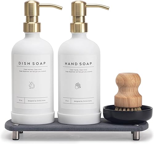 Lujo Juego de dispensador de jabón de cocina, botella de vidrio blanco de 16 onzas, bomba de acero inoxidable, bandeja de secado instantáneo,