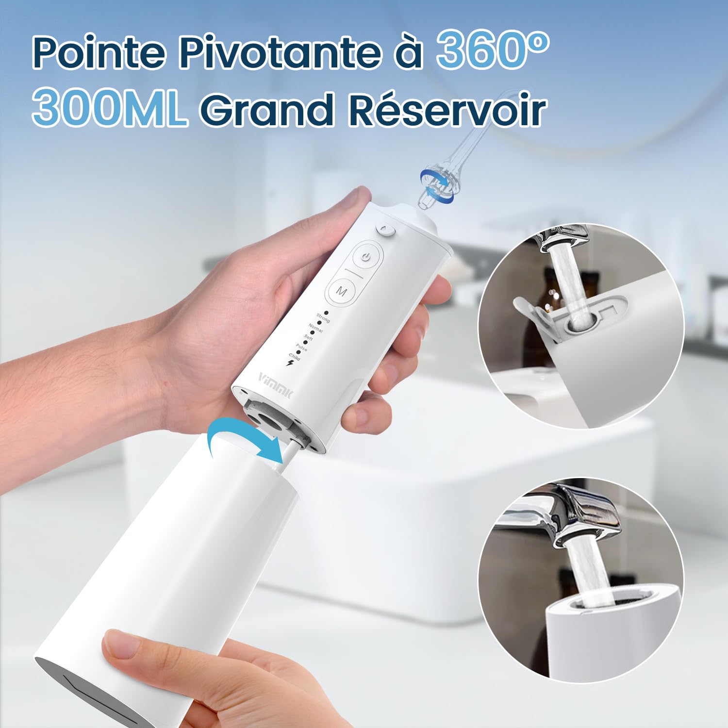 VIMMK Jet Dentaire Hydropulseur et Irrigateurs Oral avec 5 Modes de Pression d'eau et 8 Embouts Remplaçables, Rechargeable et Étanche IPX7, Réservoir 300ML (Blanc)