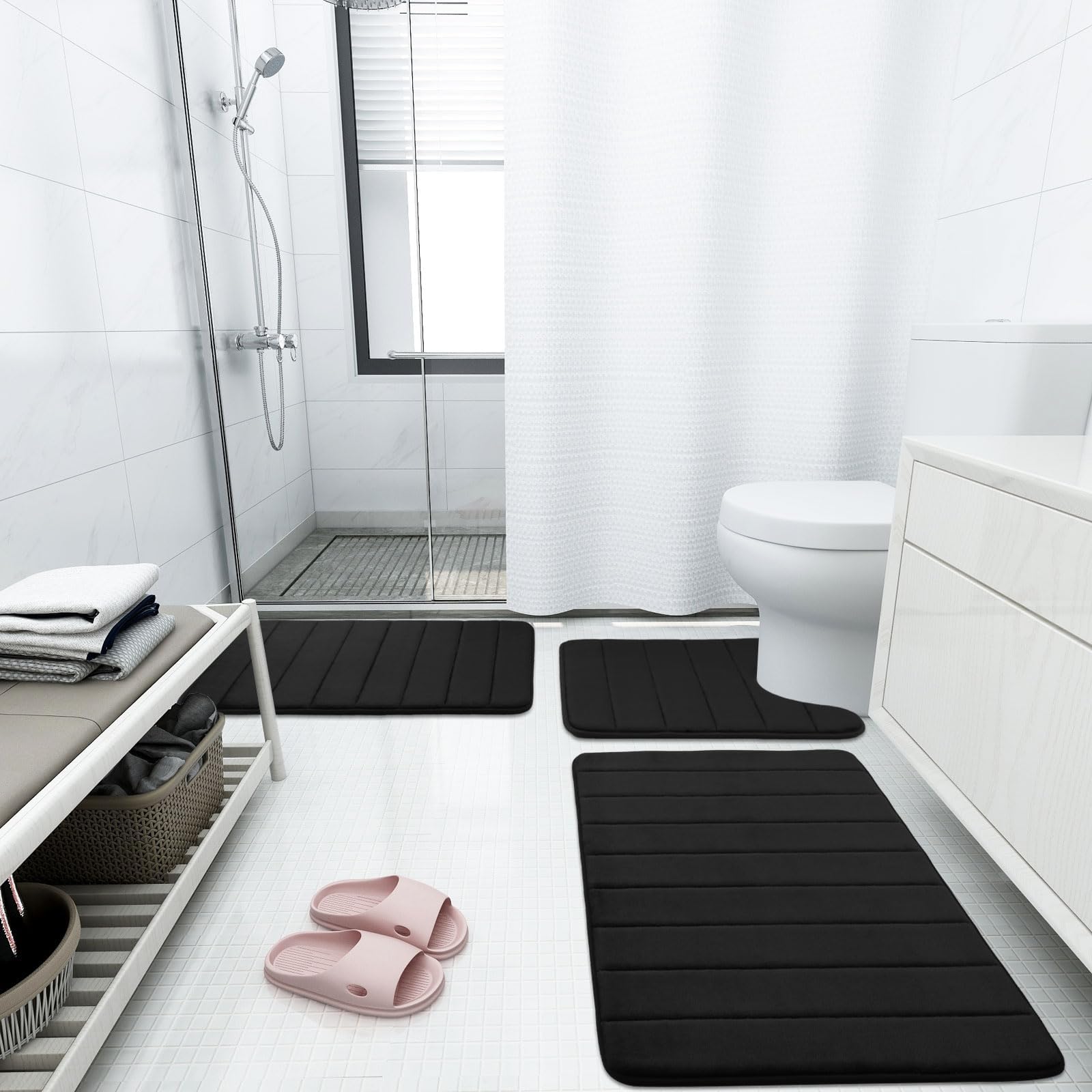 Buganda Memory Foam Bath Mat, 44" x 24", Ultra Soft and Non-Slip Bathroom Rugs, Water Absorbent and Machine Washable Bath Rug Runner for Bathroom, Shower, and Tub, Black