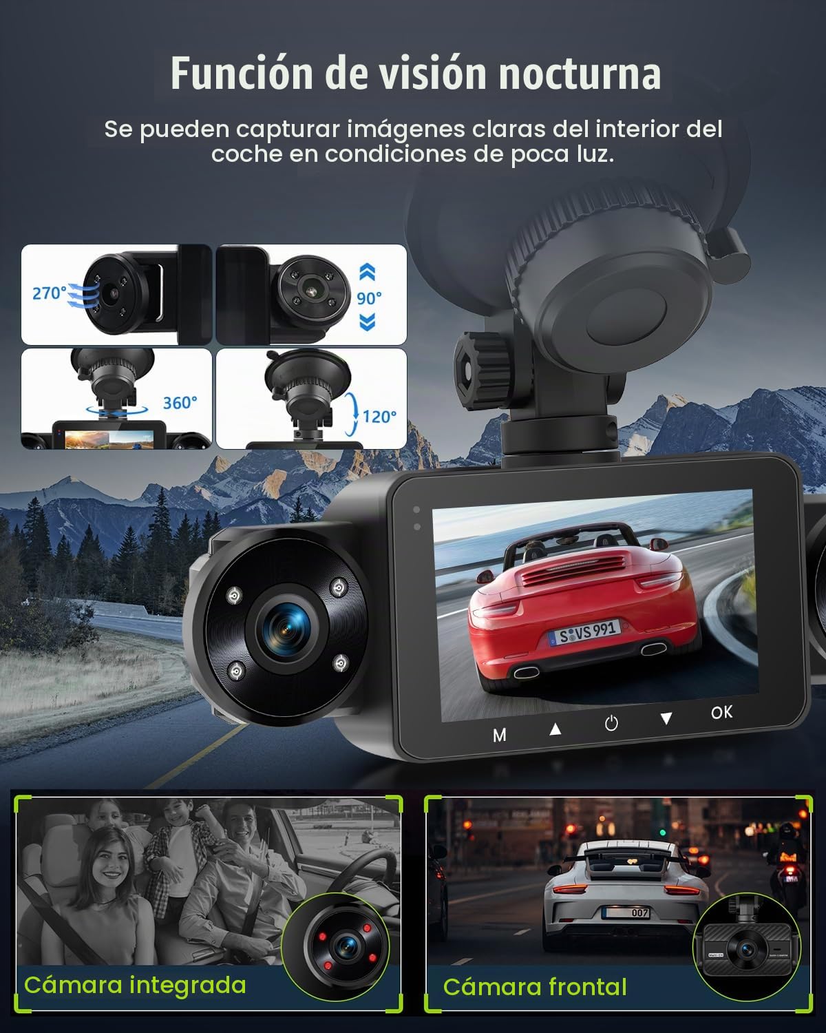 NHOPEEW Dash CAM de 4 Canales con Pantalla táctil IPS de 3 Pulgadas Frontal y Trasera con 8 Luces IR de visión Nocturna, grabación en Bucle, grabación de 24 Horas, Sensor G + Tarjeta TF de 64 G