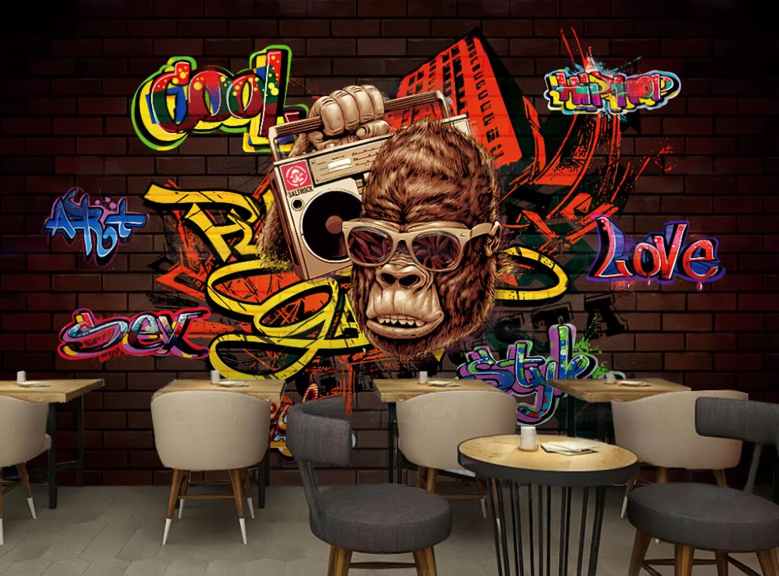 Carta da parati alla moda con tema musicale graffiti hip-hop per bar e ristoranti, 3D, 250x175 cm