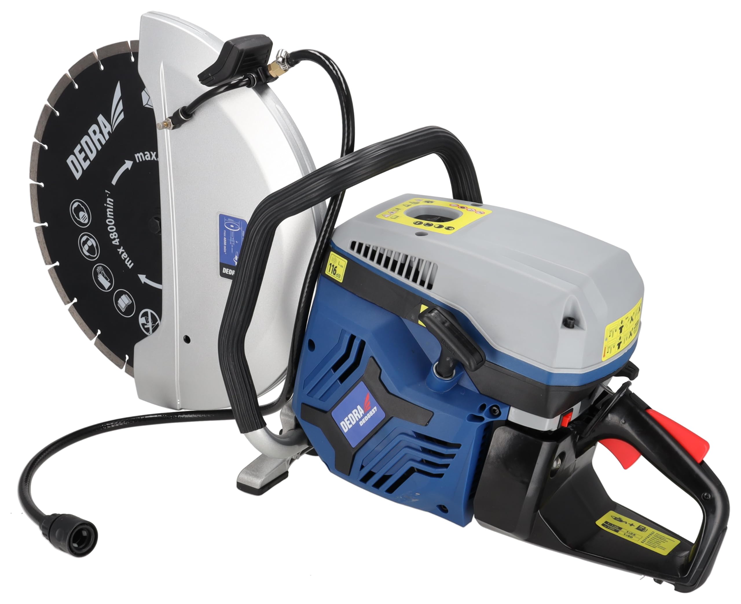 Dedra DED8837 - Cortadora de hormigón y acero de gasolina (400 mm, 4,8 kW, motor de dos tiempos, válvula de alivio, filtro de aire doble, refrigeración por agua, refrigeración por aire y protección
