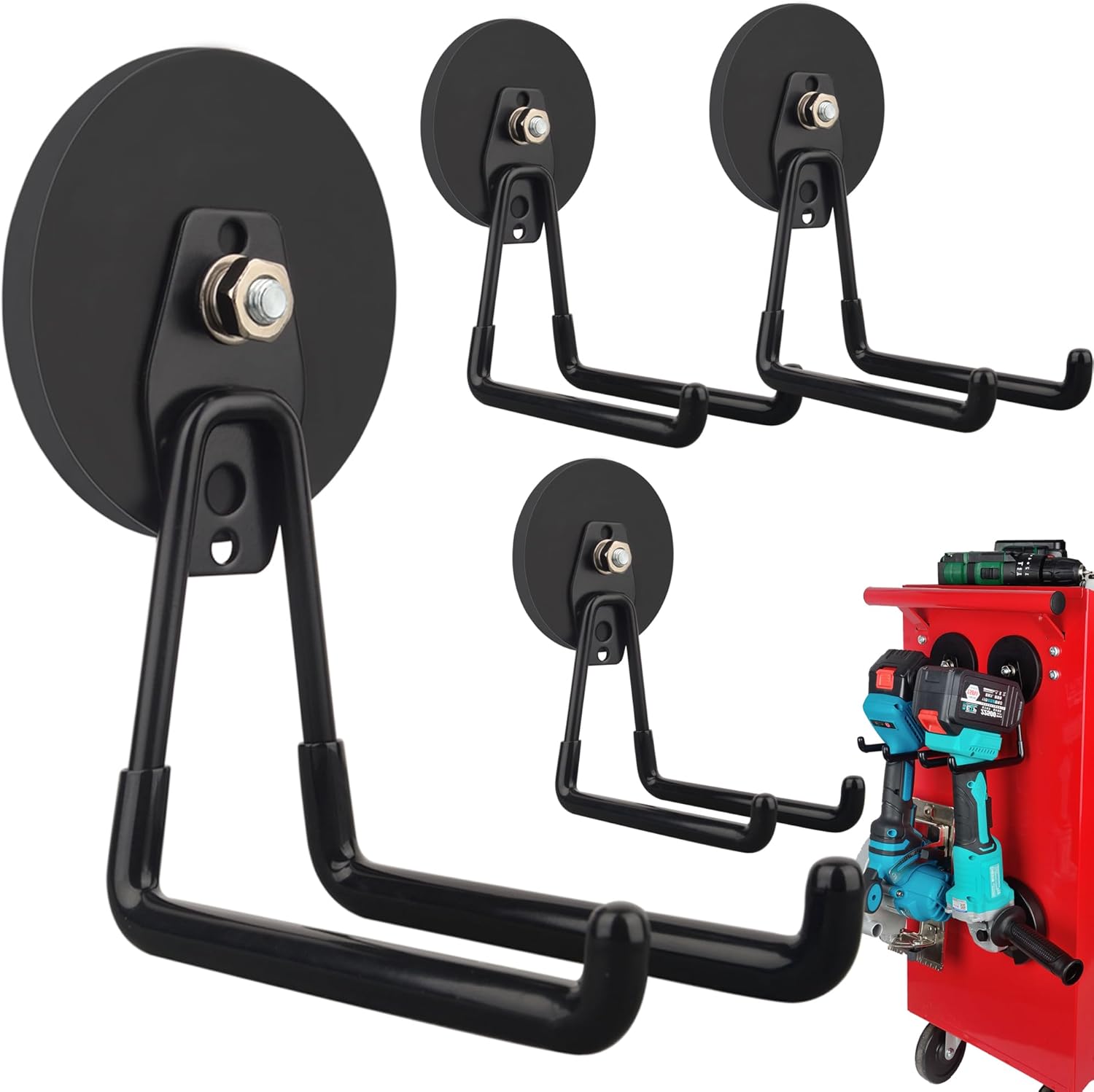 ULIBERMAGNET Strong Magnetic Hooks,Large Magnet with Hooks for Heavy Duty Tools,Jig Saw,Hose, 4 Pack Heavy Duty Magnetic Hooks for Hammer Drill,Circular Saw,Garden Tool(3.46inch/Black)